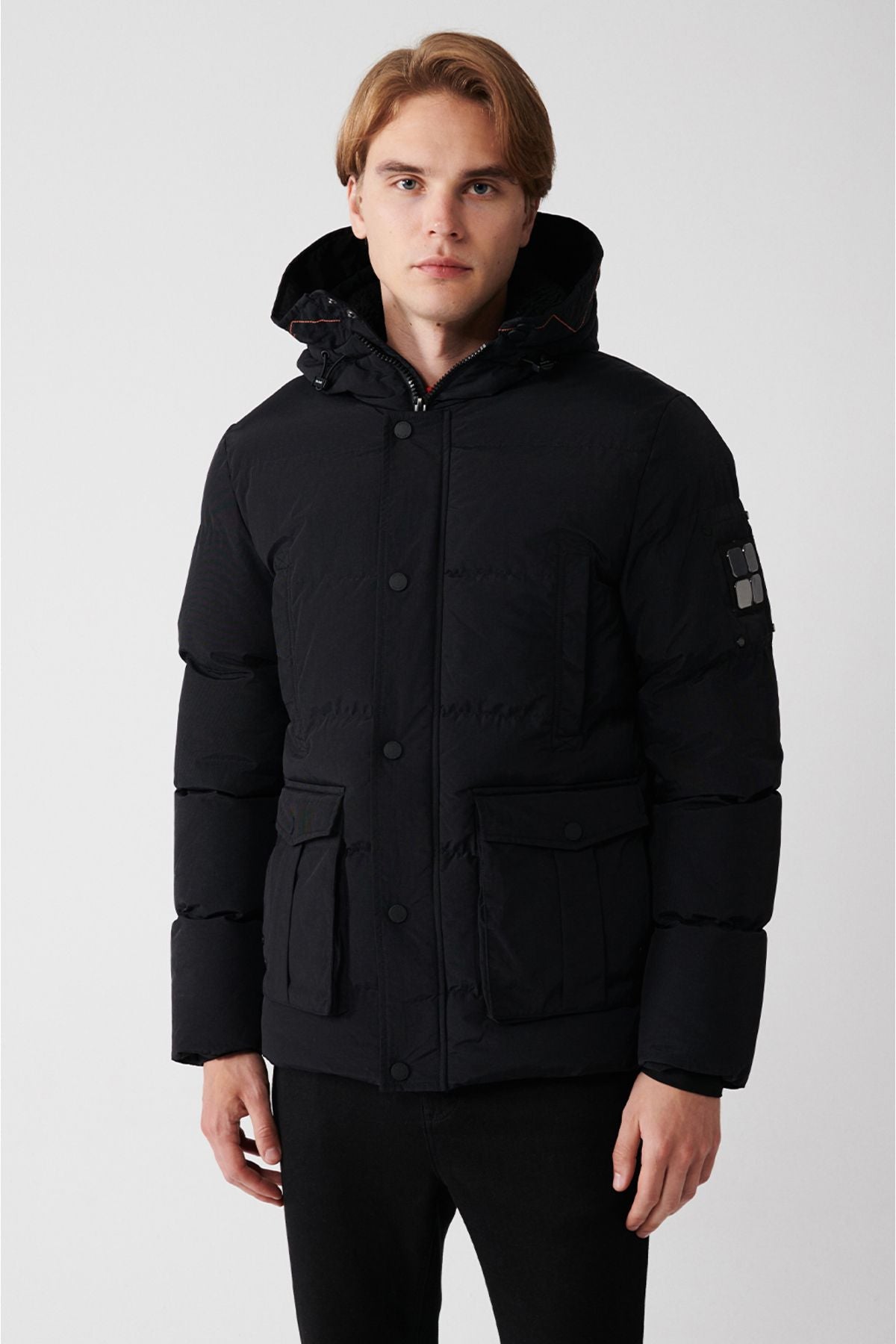 Men's black swelling coat hooded plush detailed water printer windproof Comfort Fit A32Y6046