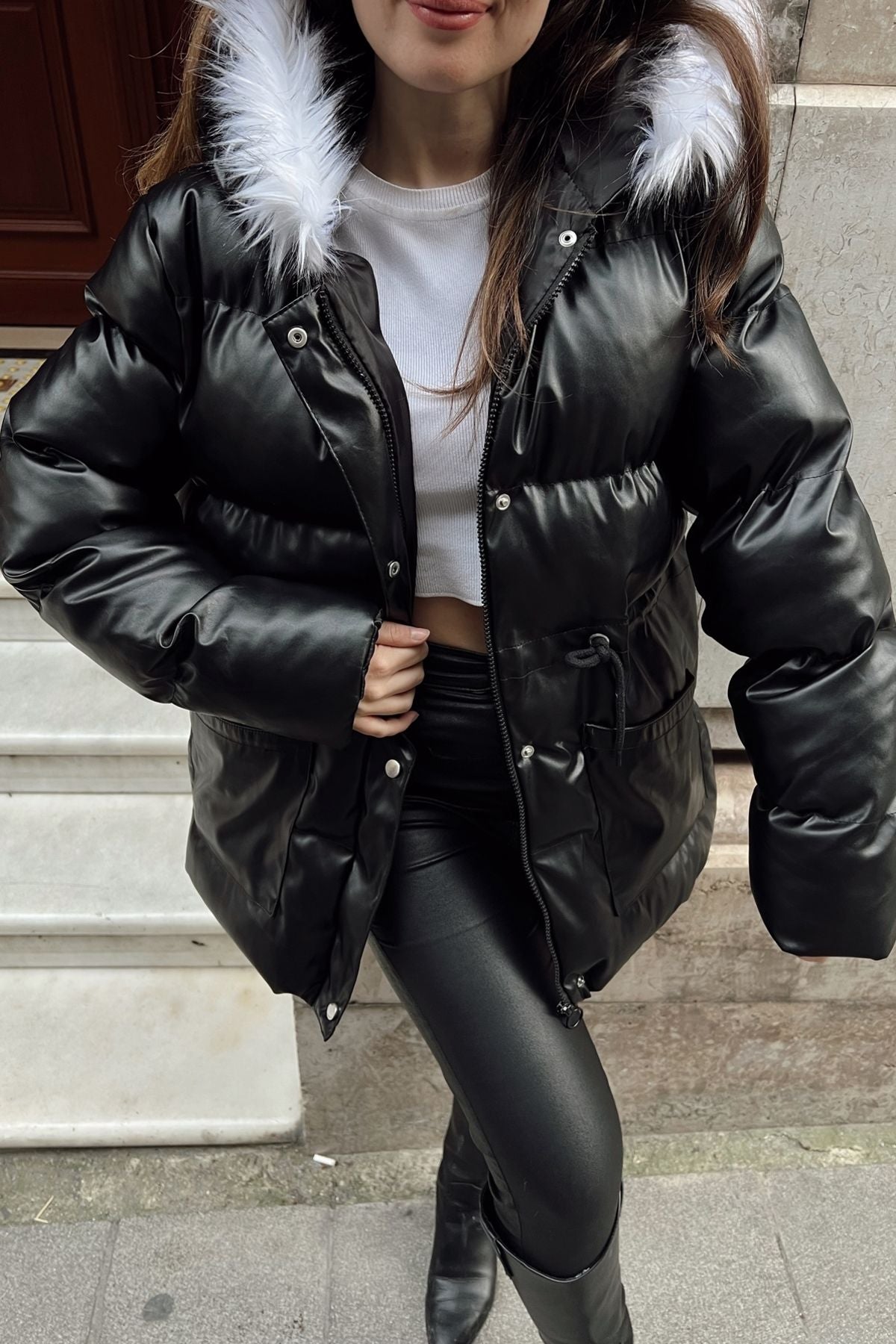 Women's hood fur swelling leather coat