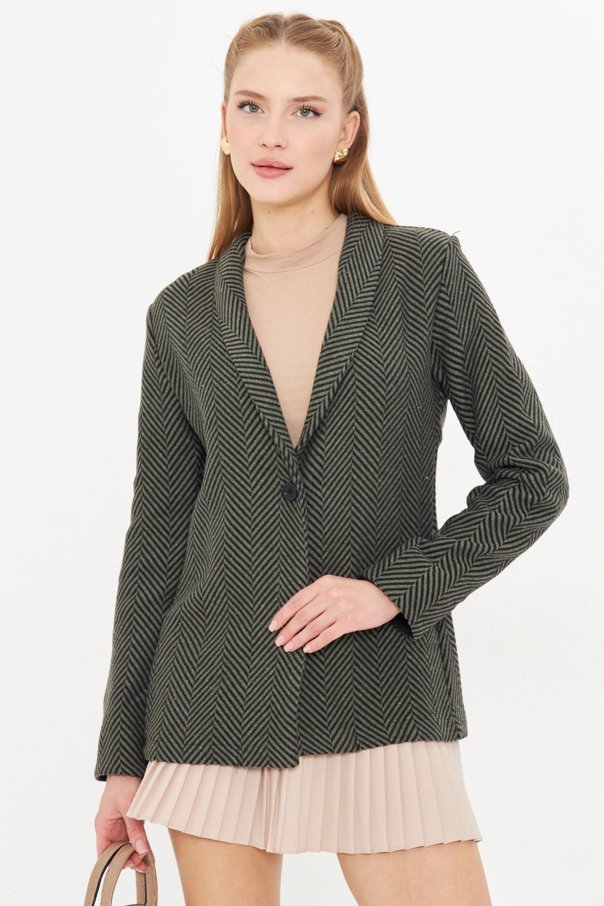 Female Khaki Fish Ridge Pattern Folding Single buttoned stamp jacket ARM-24K001066