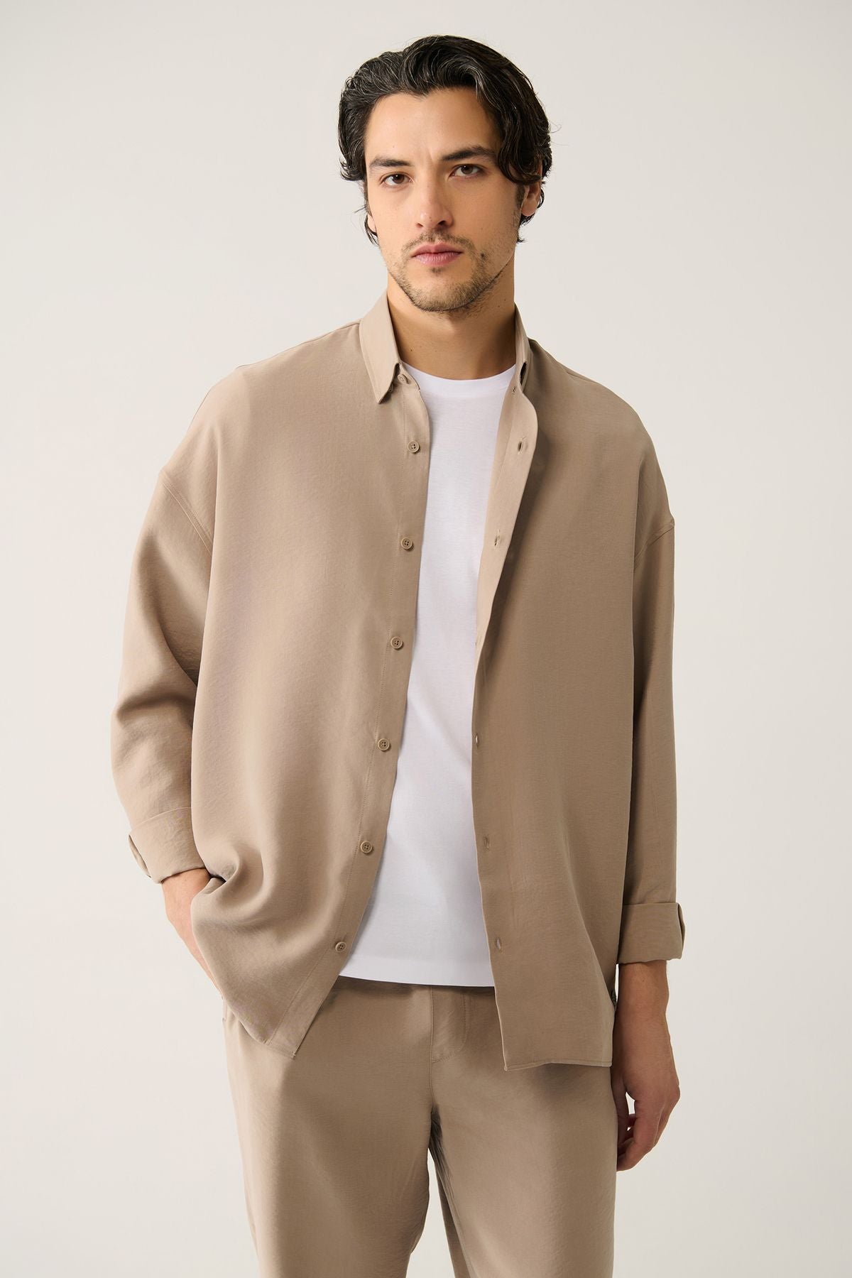 Men's Beige British British Modal Fabric Shirt A41y2168