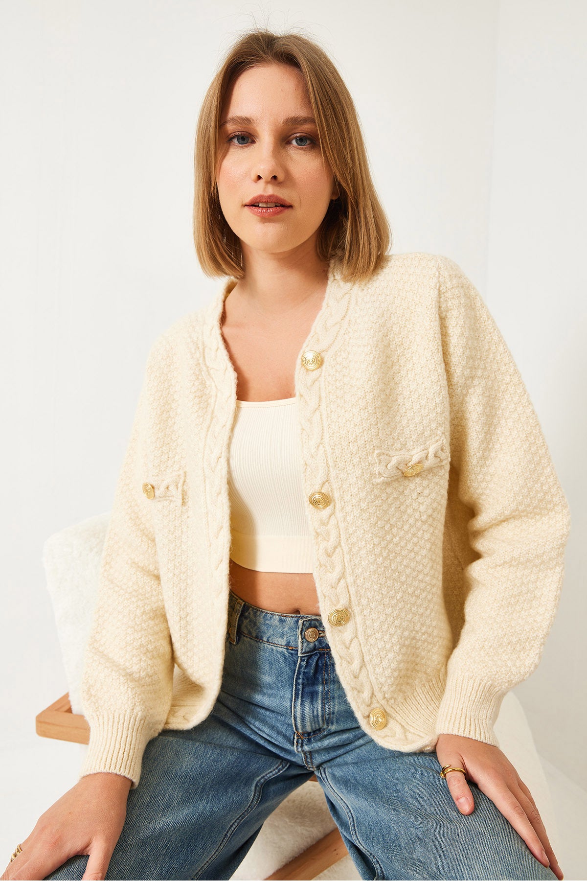 Women's Braided Buttoned Knitwear Cardigan 60031036