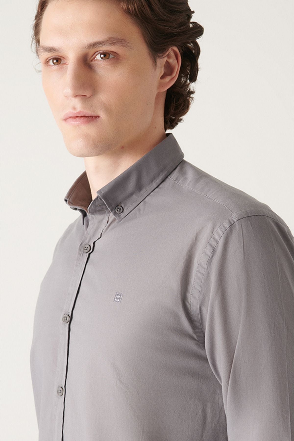 Men's Anthracite Shirt 100% Cotton Thin Soft Button Collar Long Sleeve Regular Fit E002206