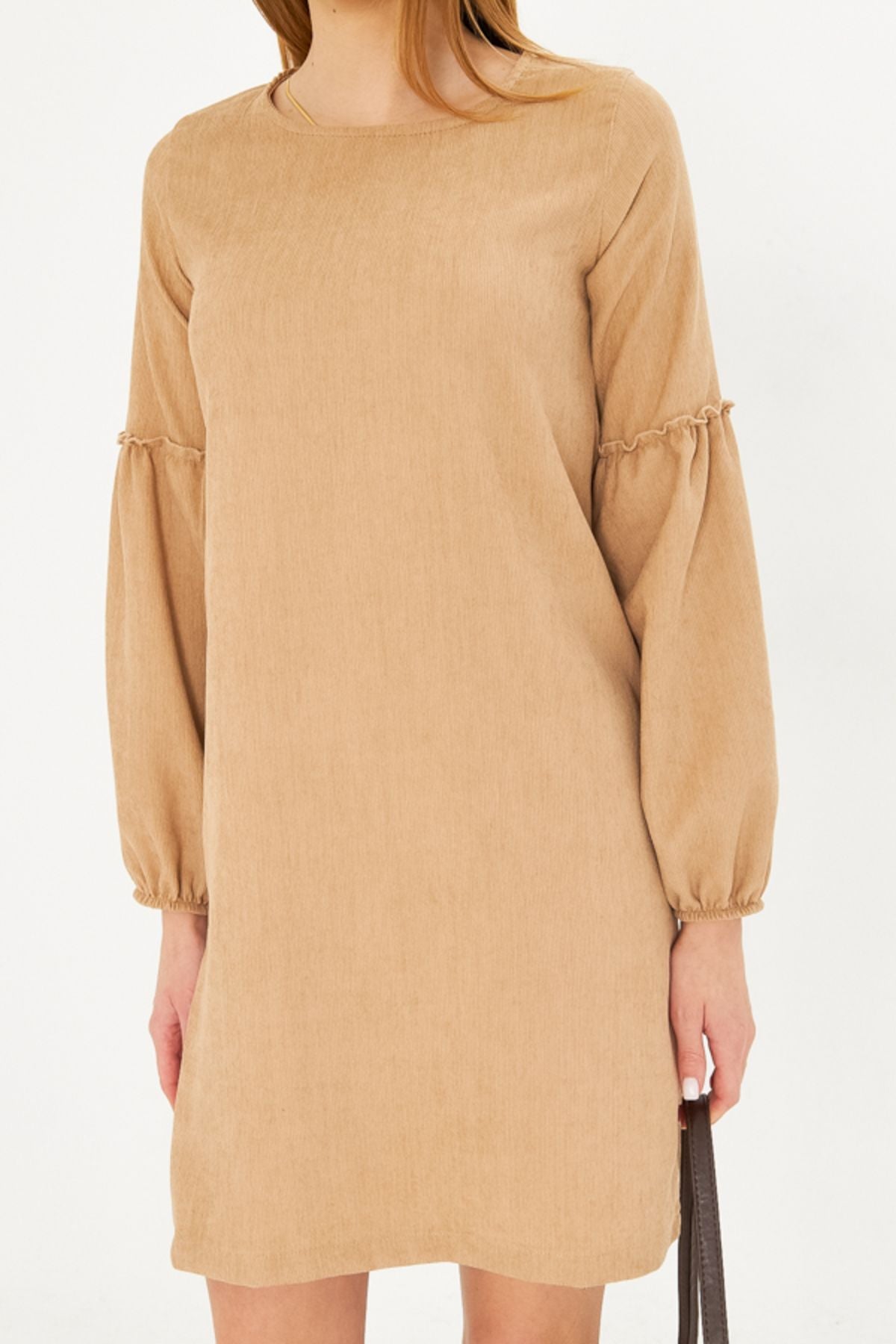 Female Beige Branch Velvet Dress with Balloon Arm-20K001107