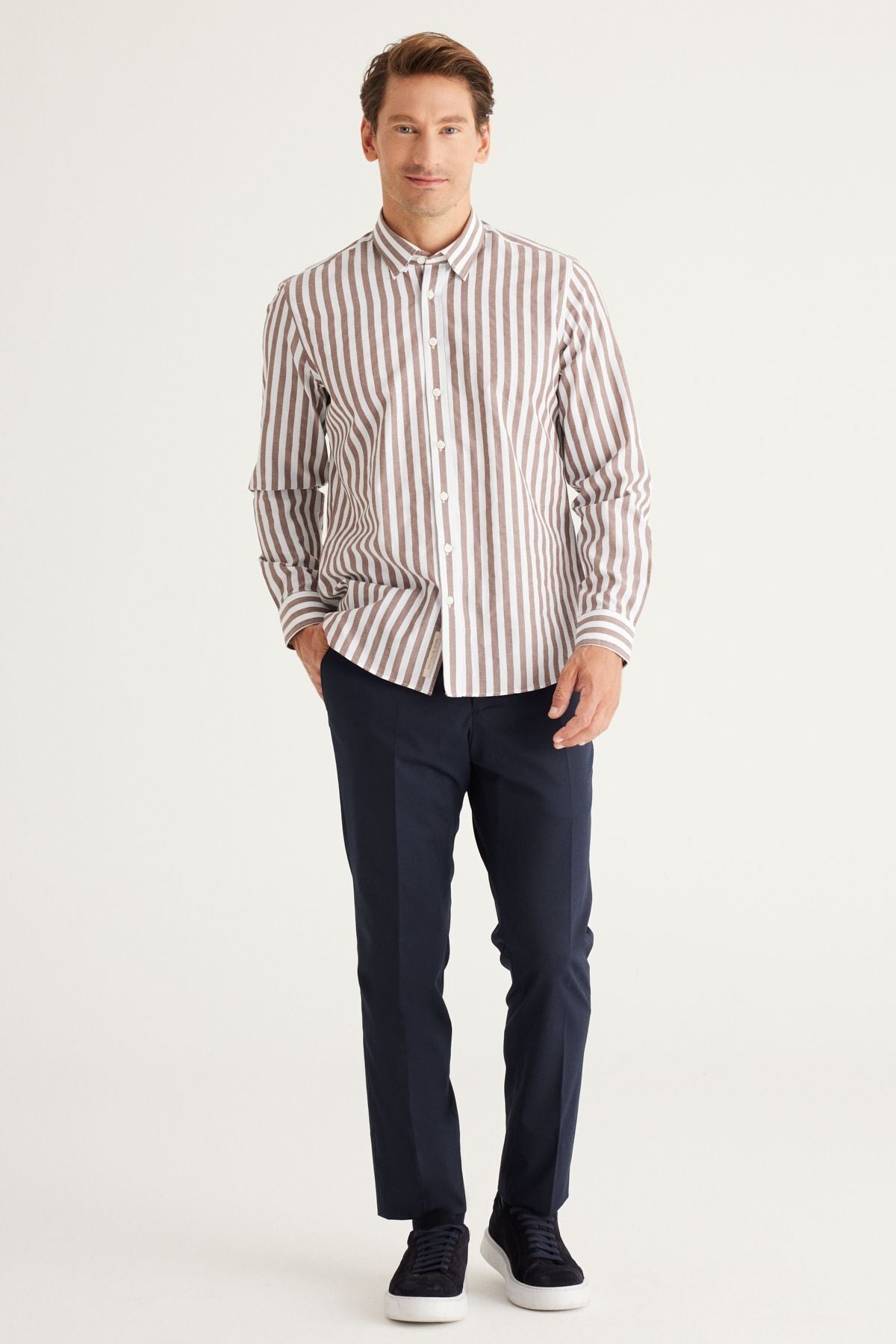 Men's Brown White Slim Fit Narrow Cut Hidden buttoned collar cotton shirt
