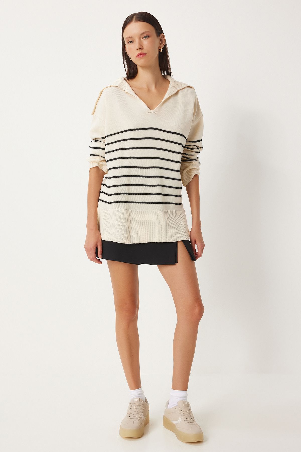 Women's Cream Shawl Yaka striped oversize knitwear sweater FN03345