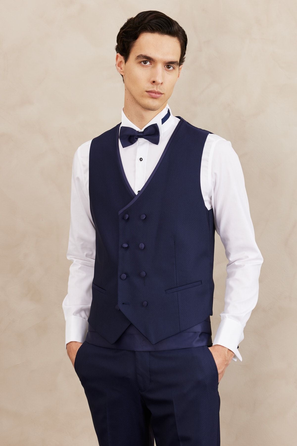 Men's navy blue slim fit narrow cutting mono collar pattern tuxedo with vest