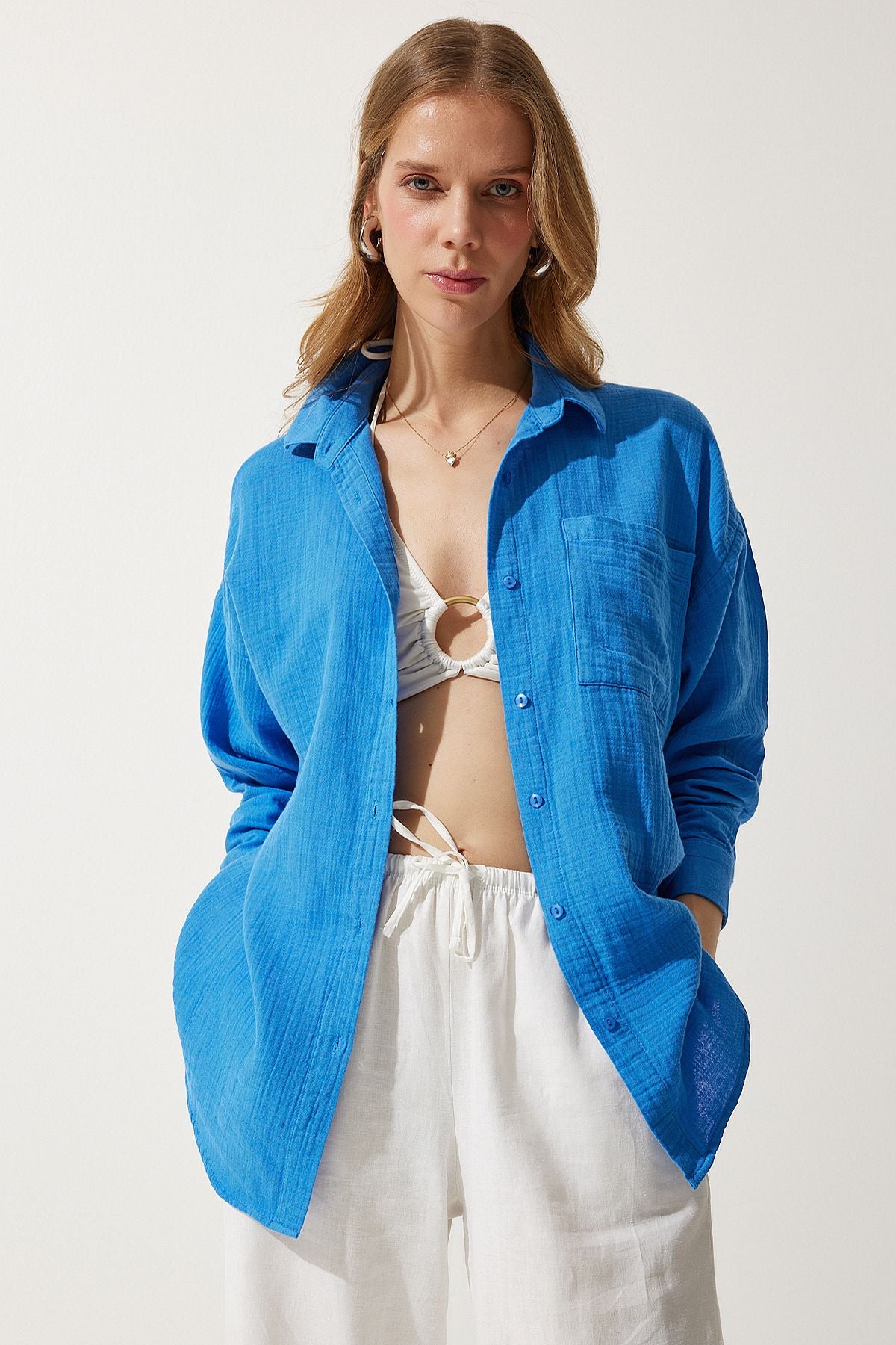 Woman Blue Pocket Oversize Müslin Shirt MX00150