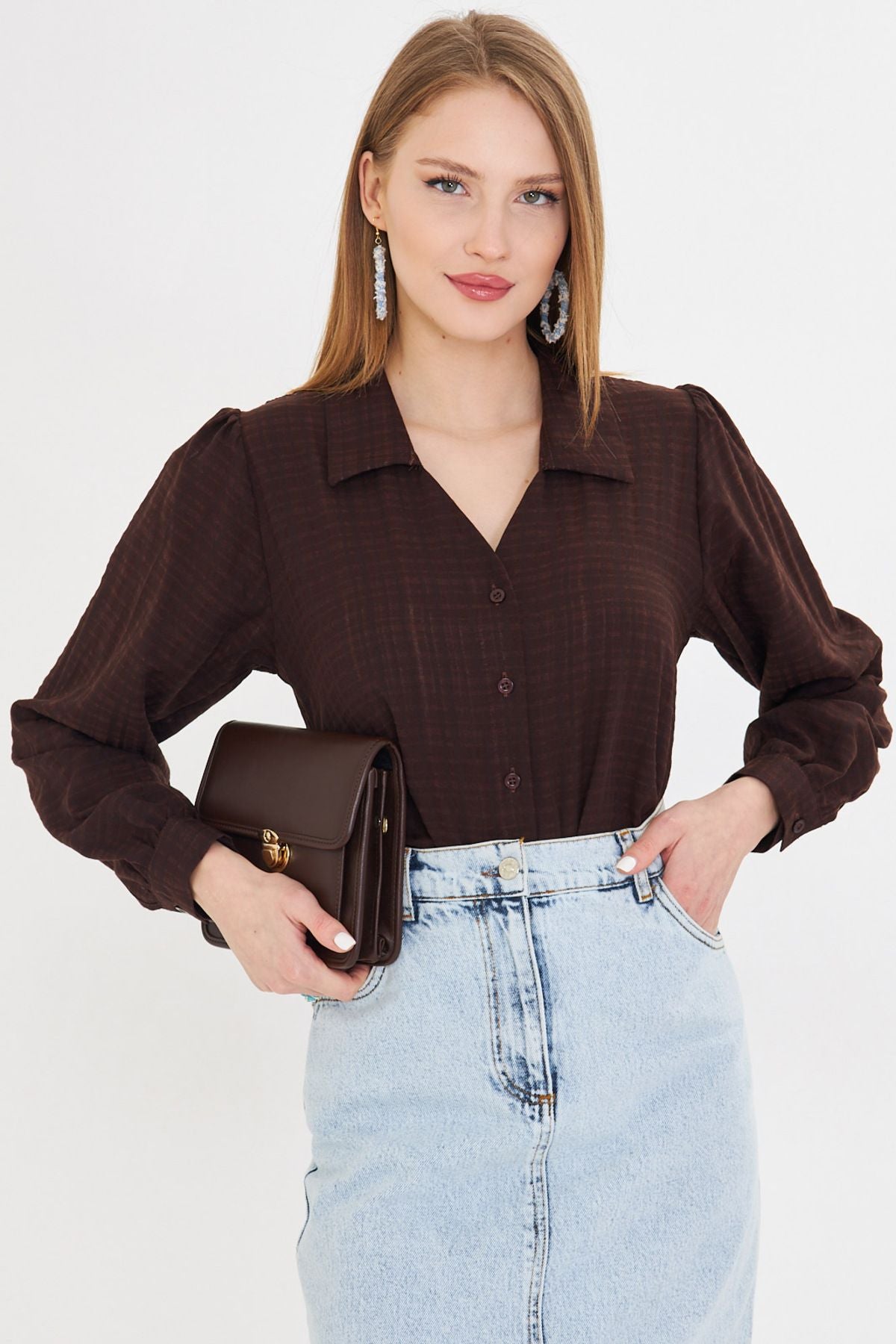 Female Coffee V-Yaka Balloon Arm Bürümcük Shirt ARM-25K001088