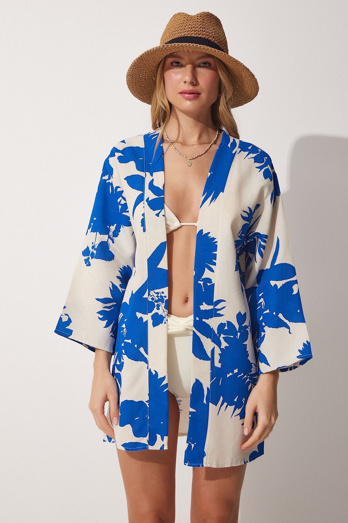 Female Beige Blue Patterned Kimono BH00381