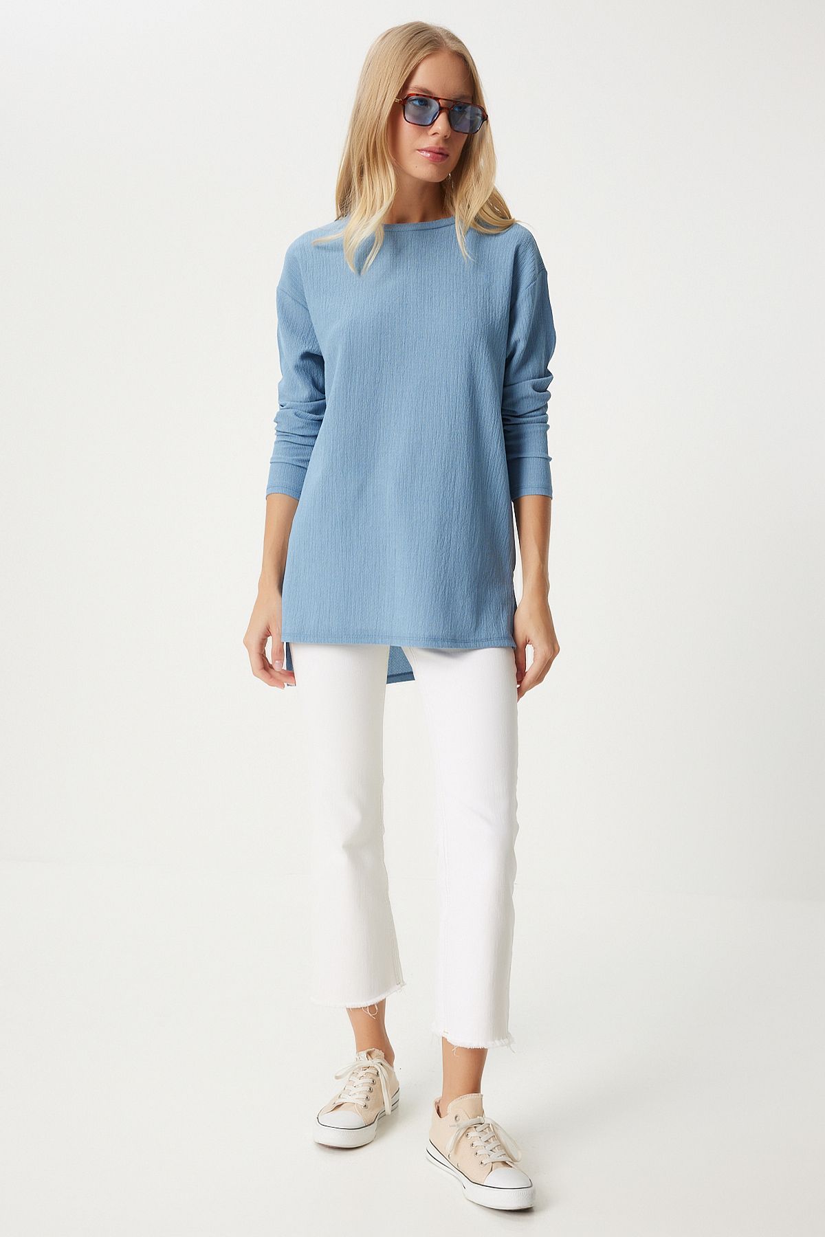 Women's Sky Blue Patterned Long Sleeve Blouse ZH00038