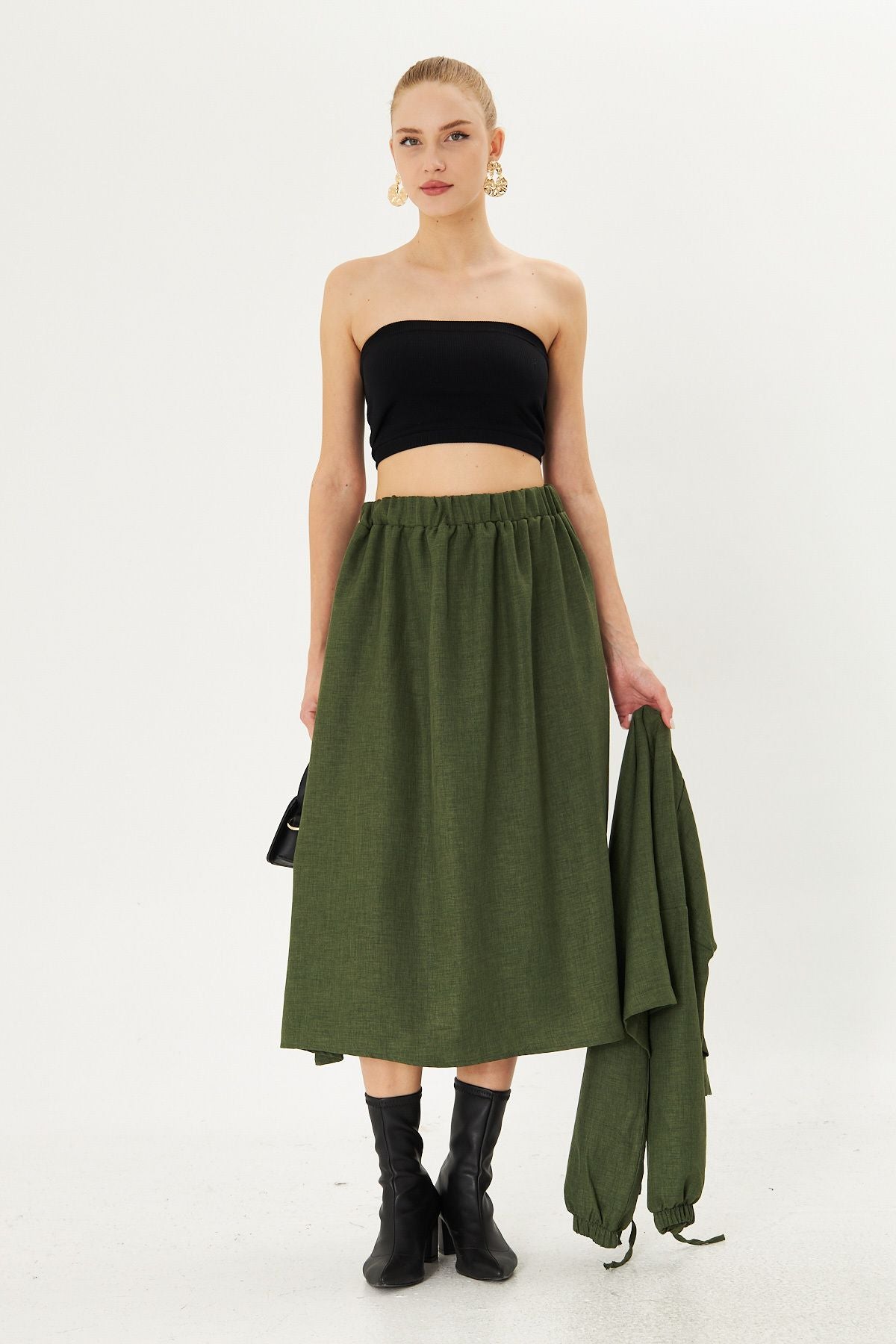 Female Green Waist Midi Skirt with Pockets Arm-25k001010