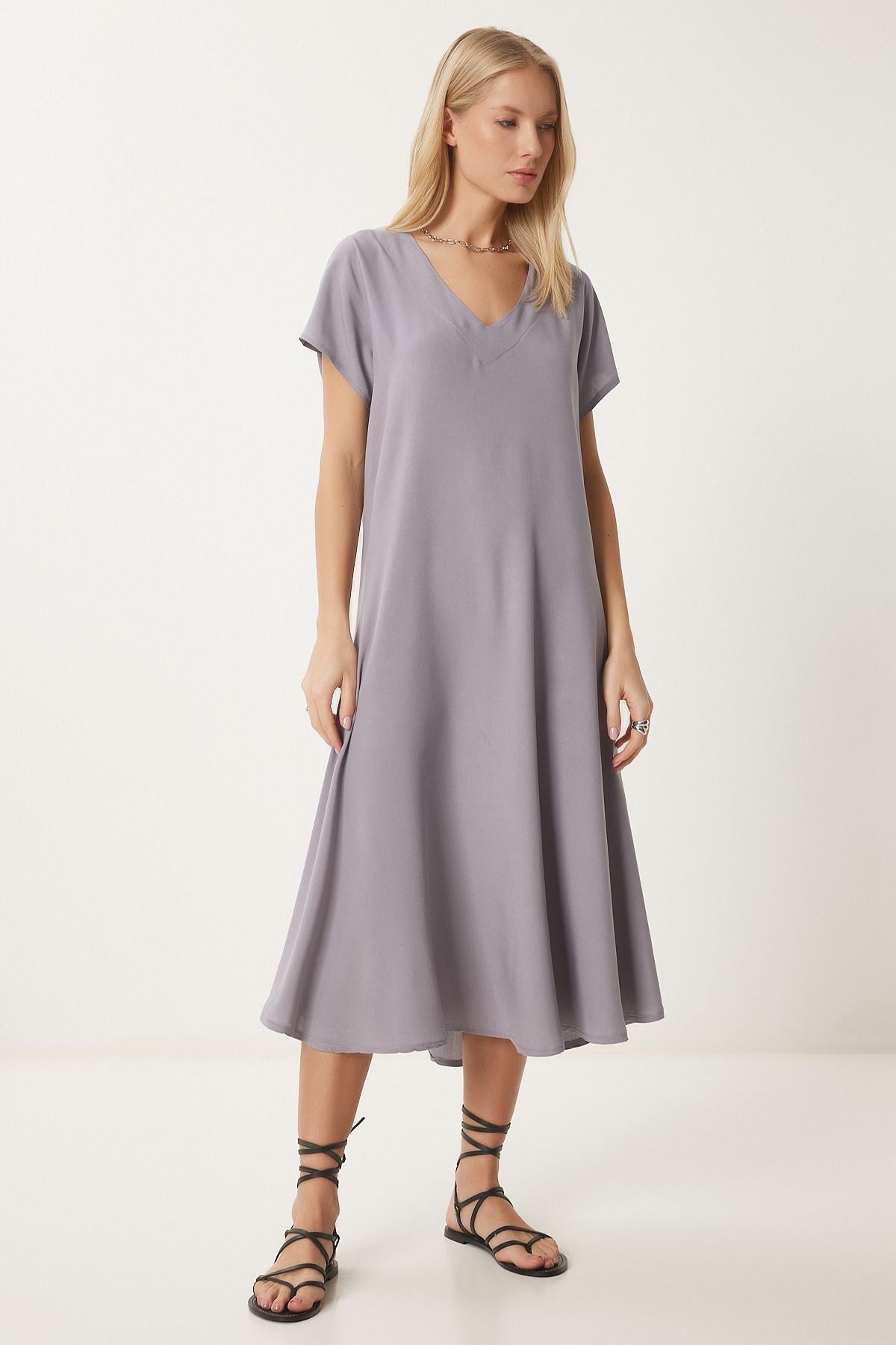 Women's Gray V -Neck Summer Casting Viscose Dress EN00612