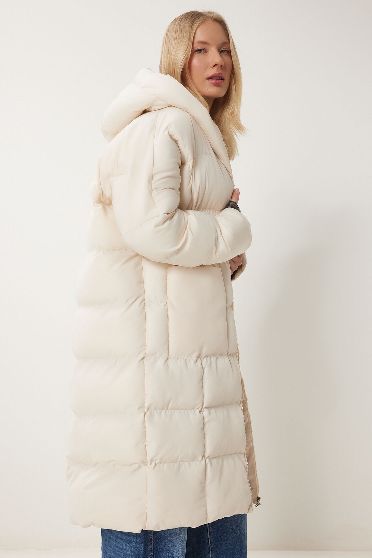 Women's bone hooded oversize long swelling coat NT00428