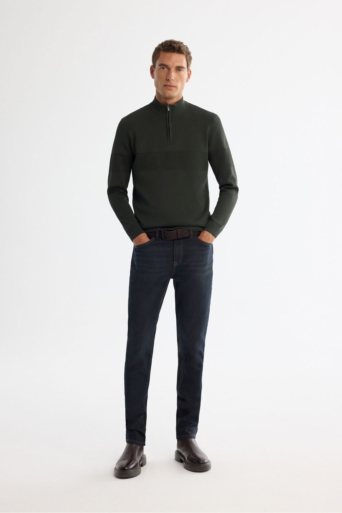 Men's Khaki Zippered upright collar front tissue detailed knitwear sweater A42Y5031