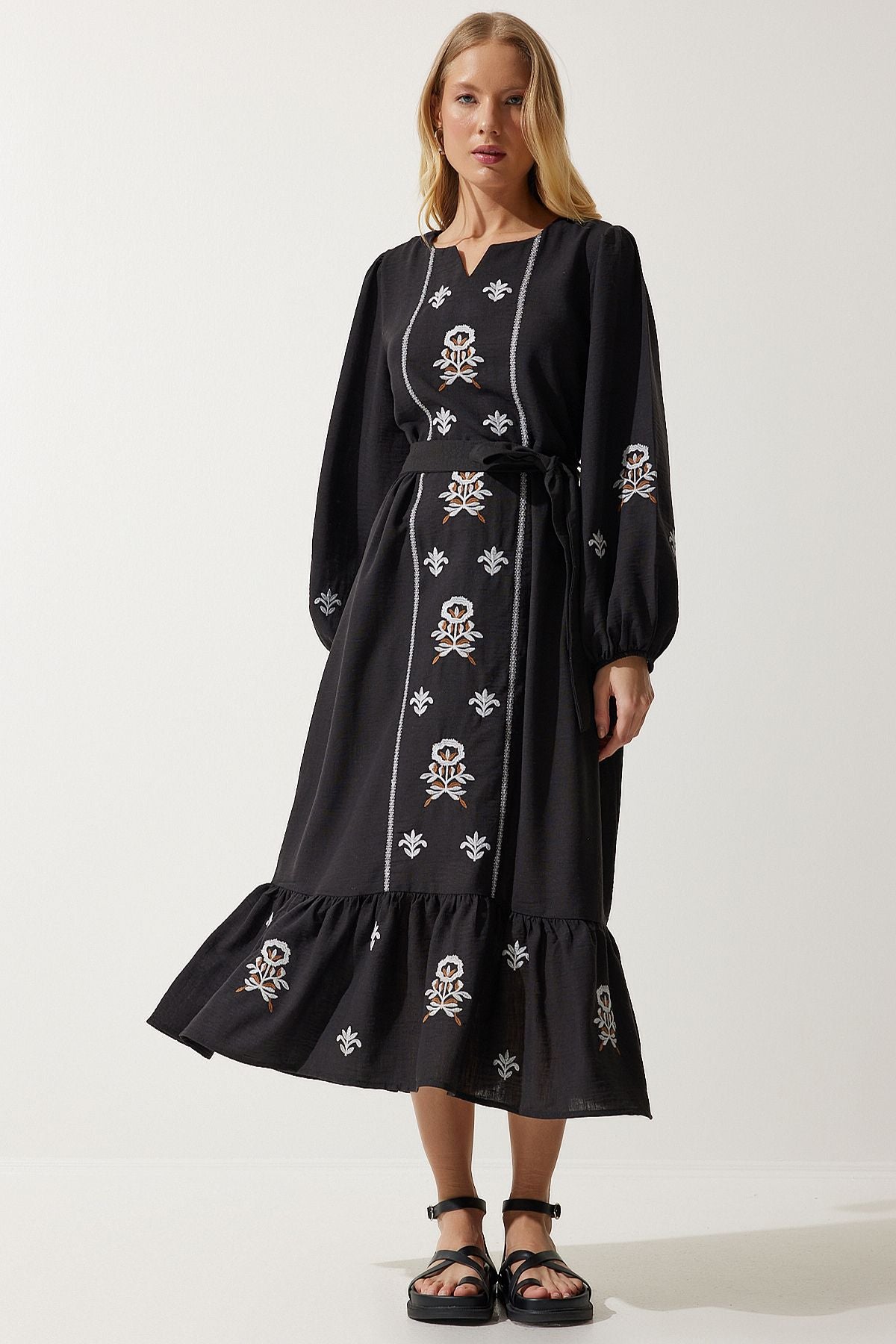 Women's black embroidery linen surface long weaving dress RG00017