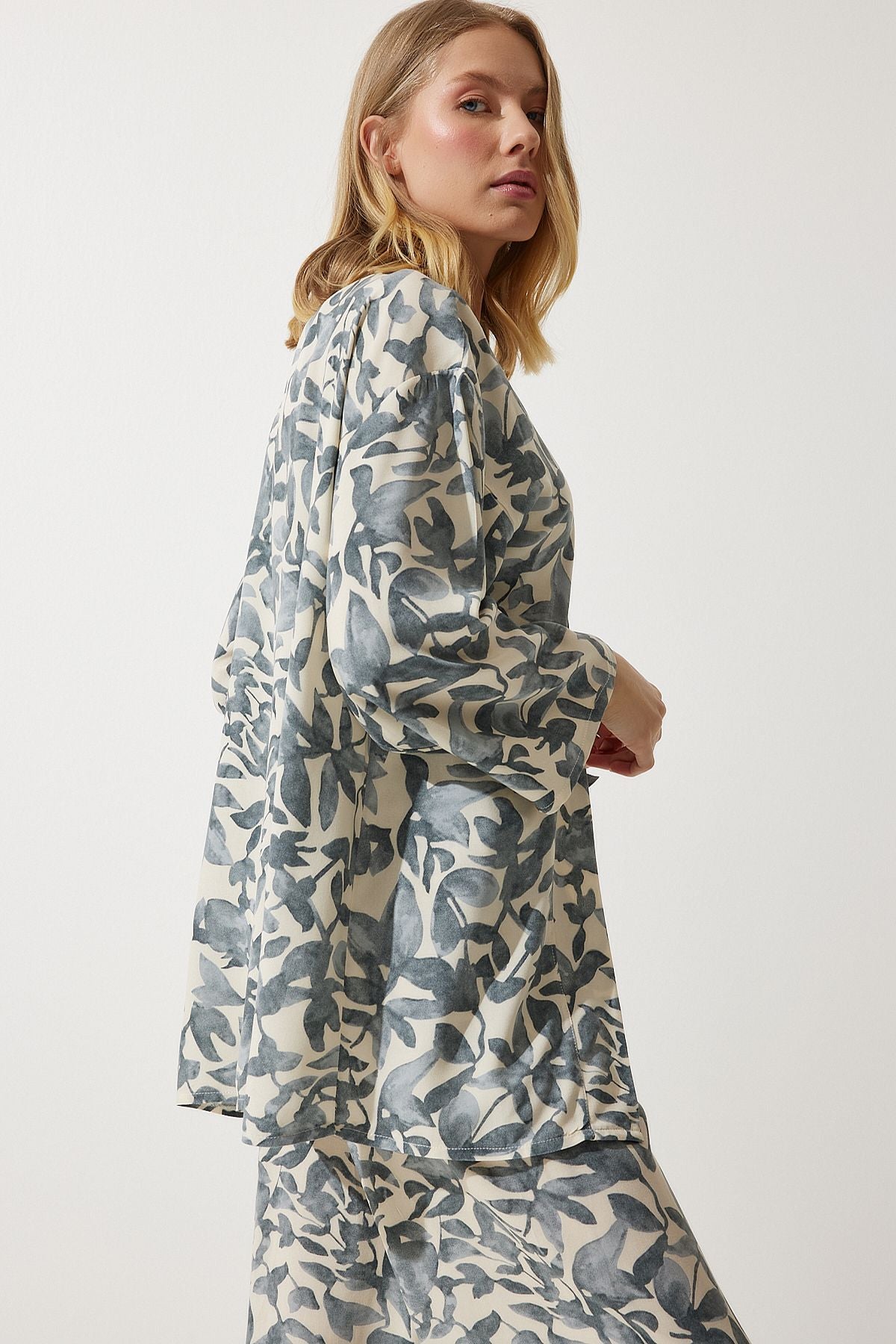 Women's Bone Gray Patterned Kimono Palazzo Pants Set EN00614