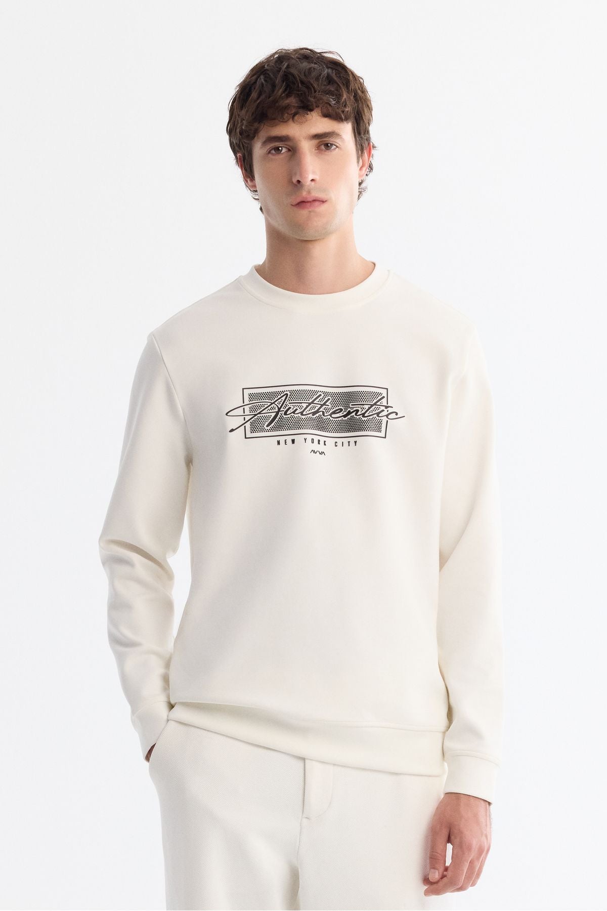 Erkek Ekru Bisiklet Yaka Pamuklu Kolay Ütülenebilir Elastan Sweatshirt A42y1270