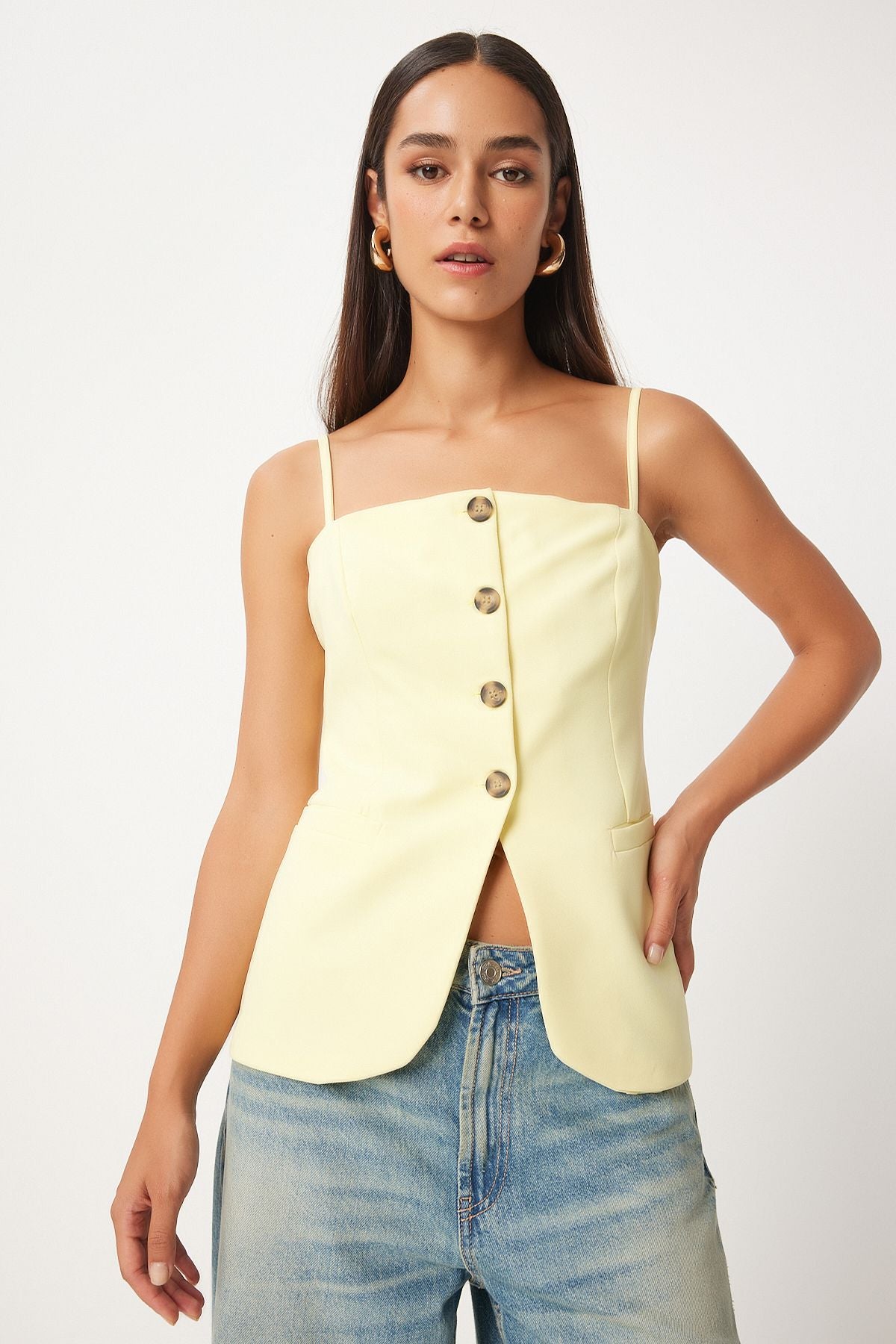 Woman Light Yellow Hanger Woven Vest Lv00003