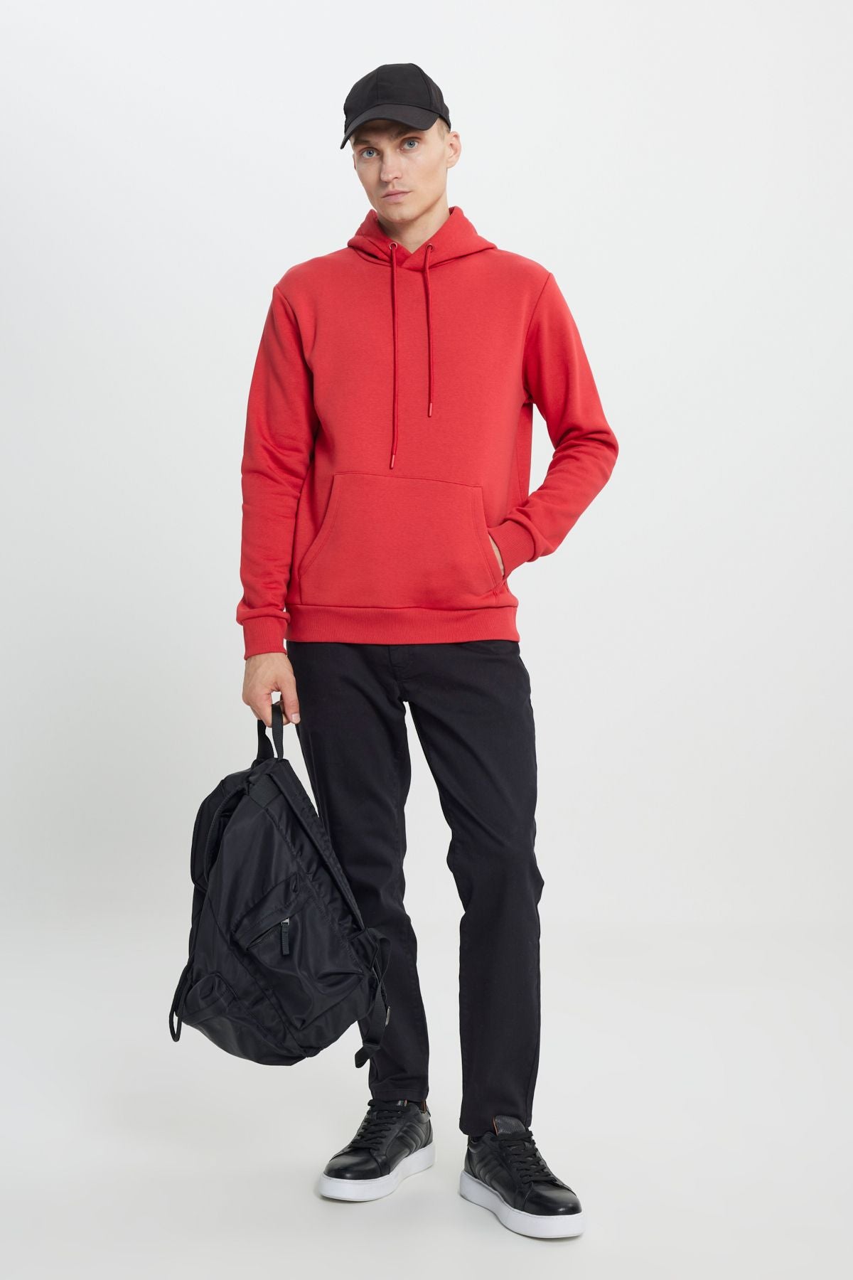 Men's Red Standard Fit Normal Normal Cut Içi Polar 3 -Hoped Hoped Cotton Sweatshirt