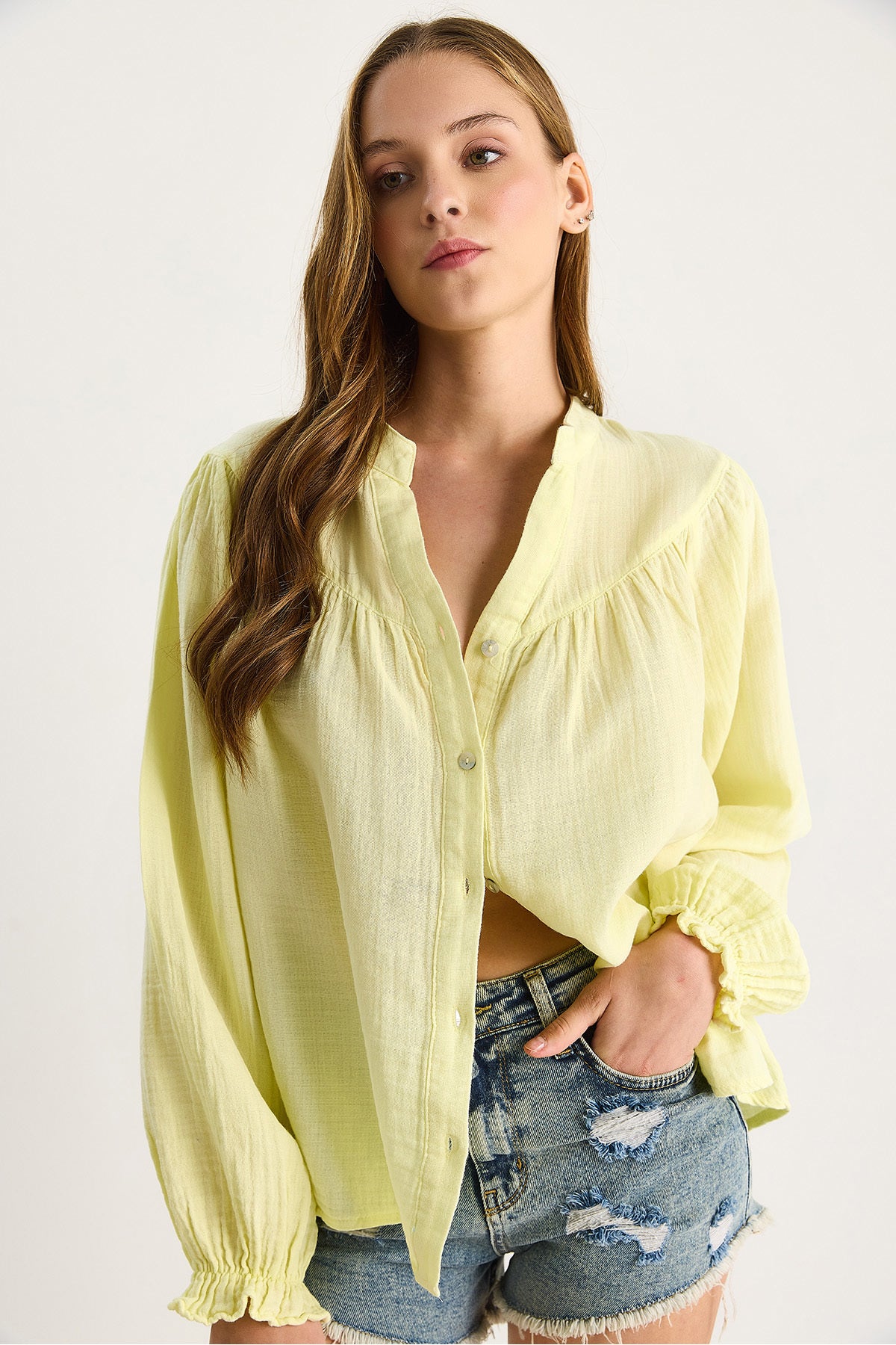 Women's Buttoned Comfortable Muslin Shirt with Elastic Sleeves 4733 60283499