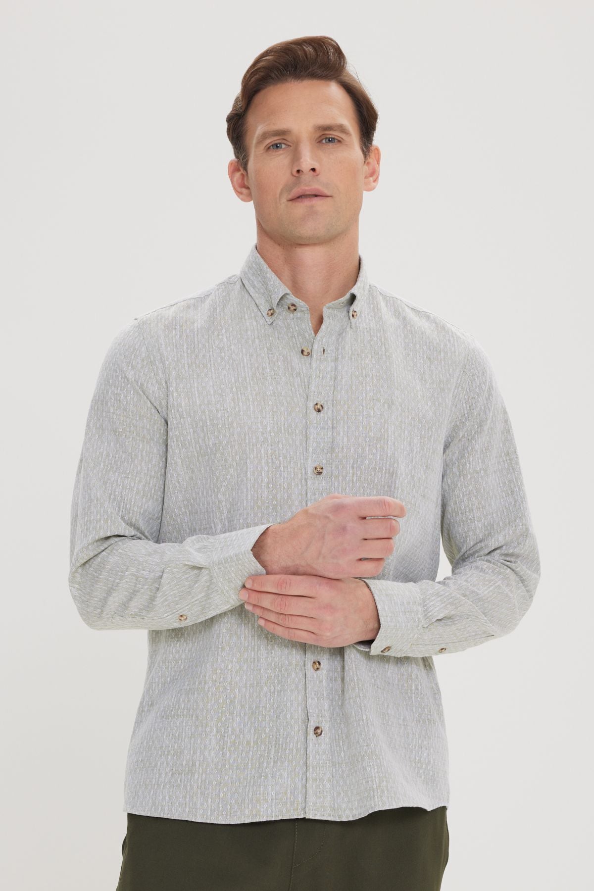 Men's Green Slim Fit Narrow Cutting 100 %Cotton Amelor Buttoned Button Casual Shirt