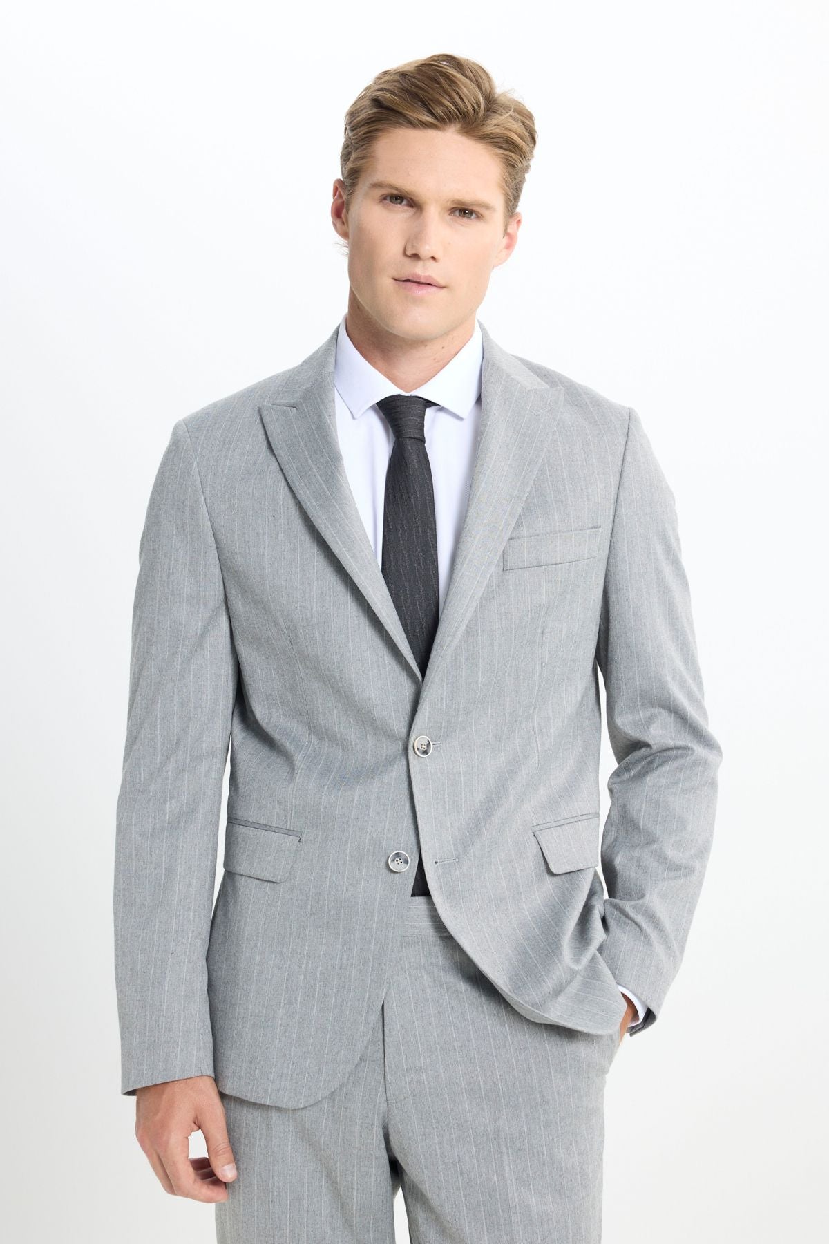 Men's gray slim fit narrow cut swallow collar striped cover pocket flexible suit