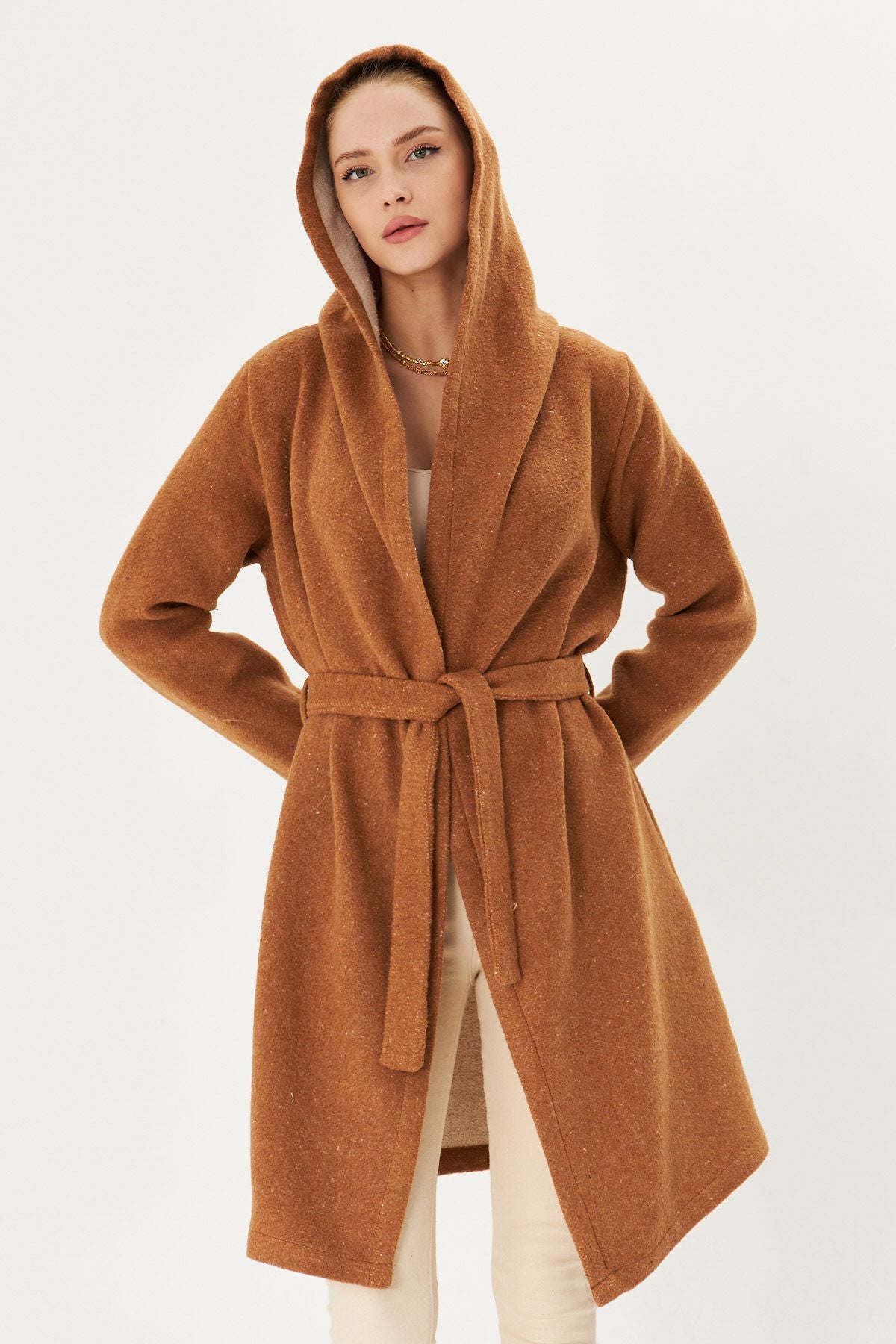 Woman Taba Hooded Waist Tie Mobile Detailed Coat Arm-25k001054