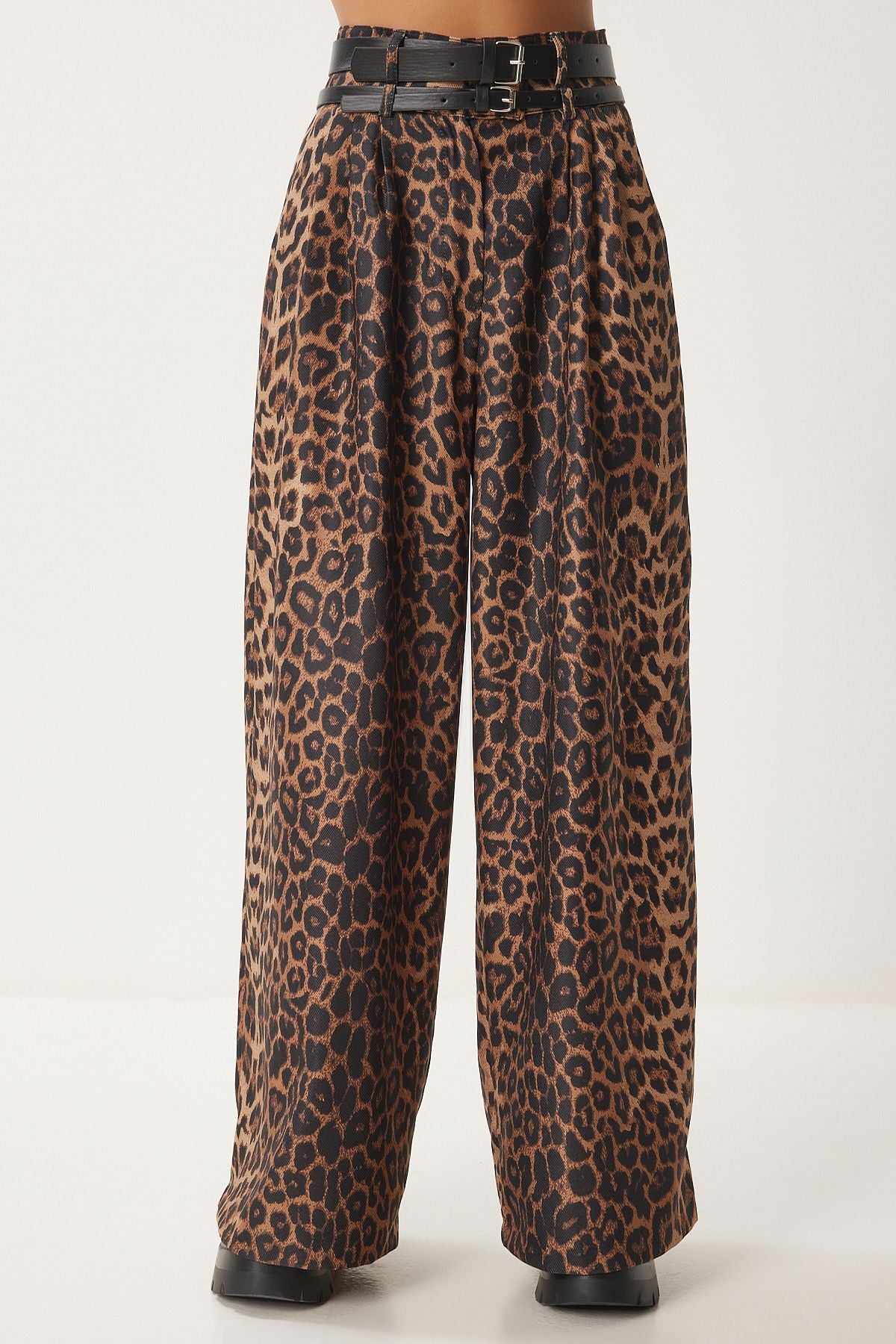 Woman Camel Black Leopard Patterned Double Belt Culatte Culatte Pants FN03412