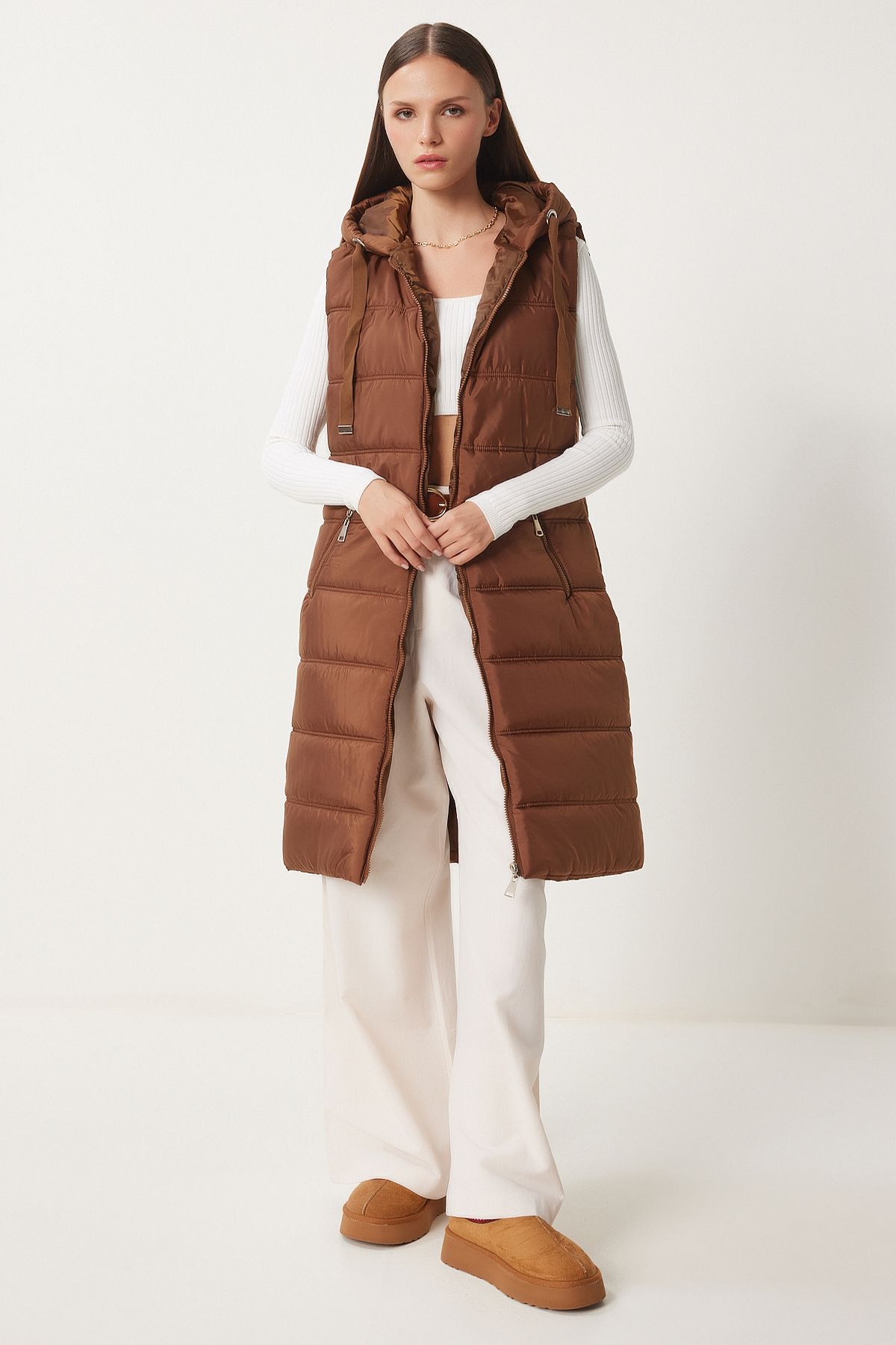 Woman Brown Hooded Sleeveless Long Swelling Vest DD01010
