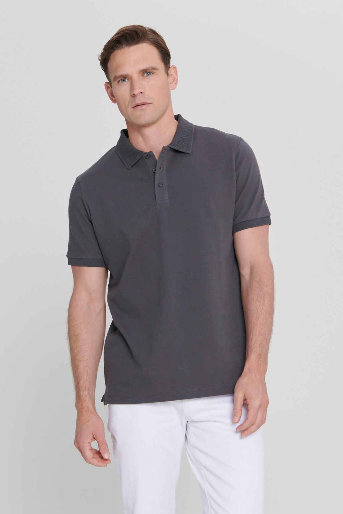 Men's anthracite 100 %cotton curved pike polo collar slim fit narrow cut t -shirt