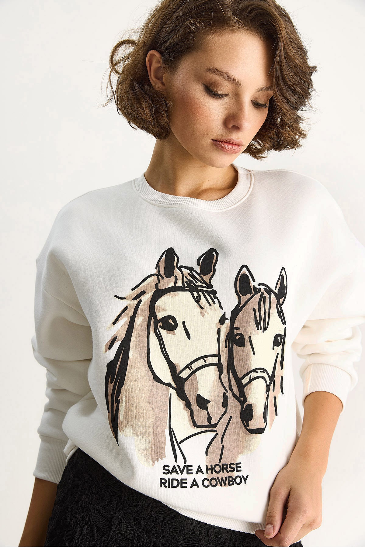 Women's Crew Neck Digital Cowboy Printed Loose Sweatshirt 6896 60283521