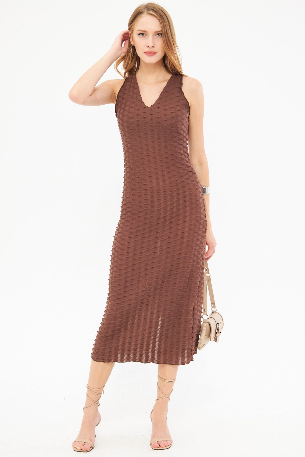 Woman Light Coffee V -Neck Sitting Behind Behind Slitting Patterned Midi Dress