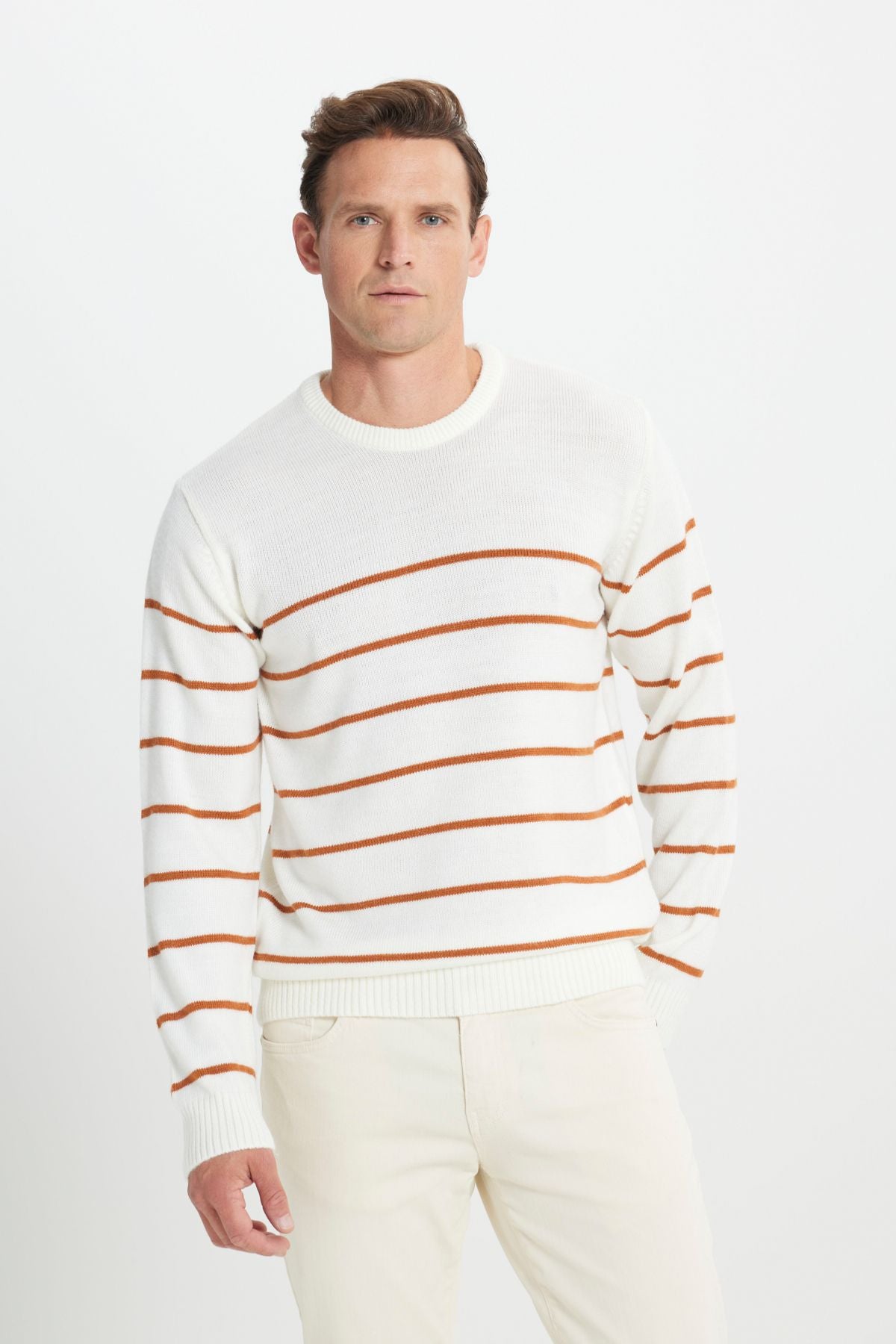 Men's Ecru-Karamel Standard Fit Normal Cut Normal Cycling Bicycle Yaka striped knitwear sweater