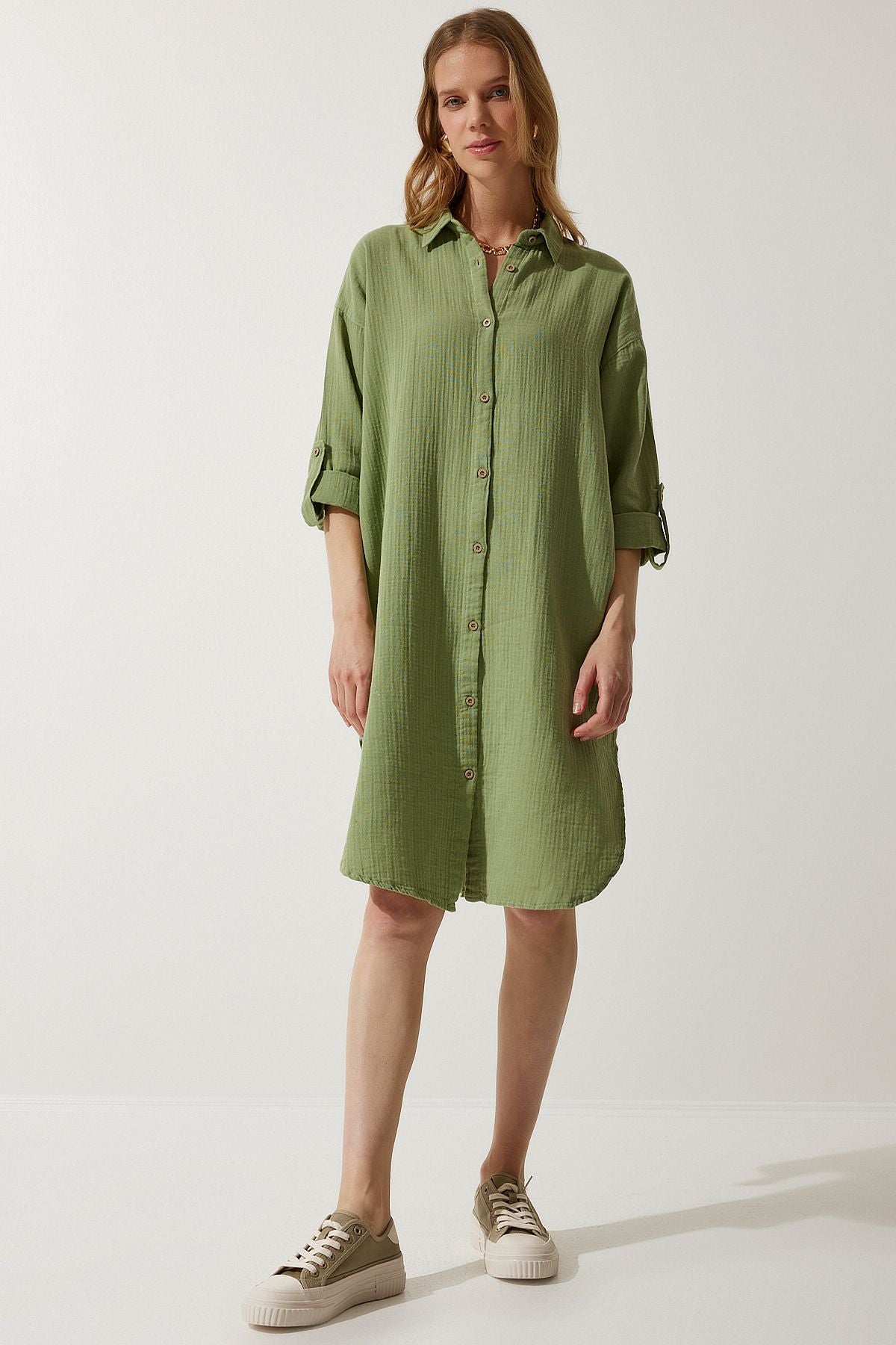 Women's Cagla Green Oversize Müslin Shirt Dress Sa00021