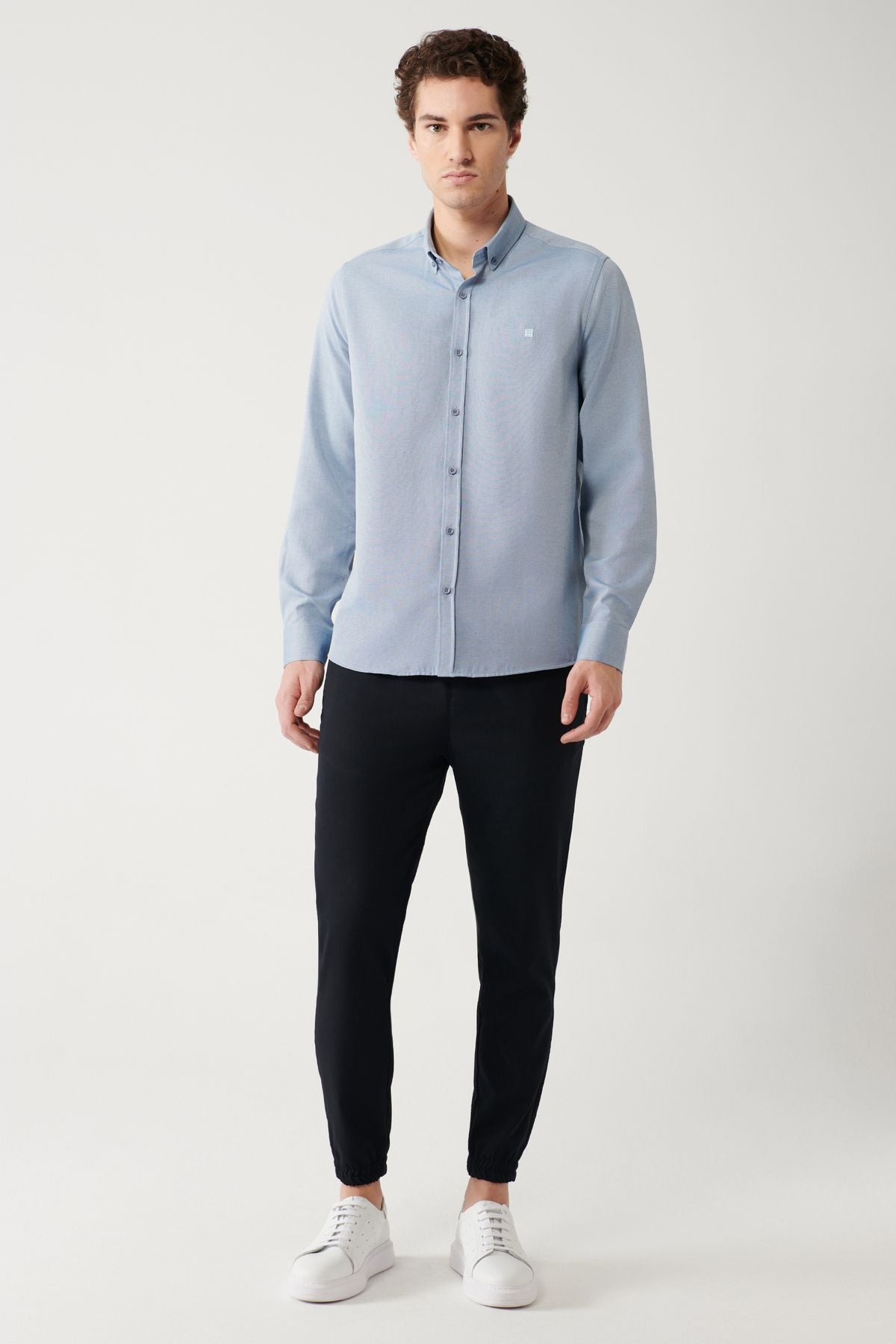 Men's dark blue button collar easy to ironing cotton oxford shirt E002000