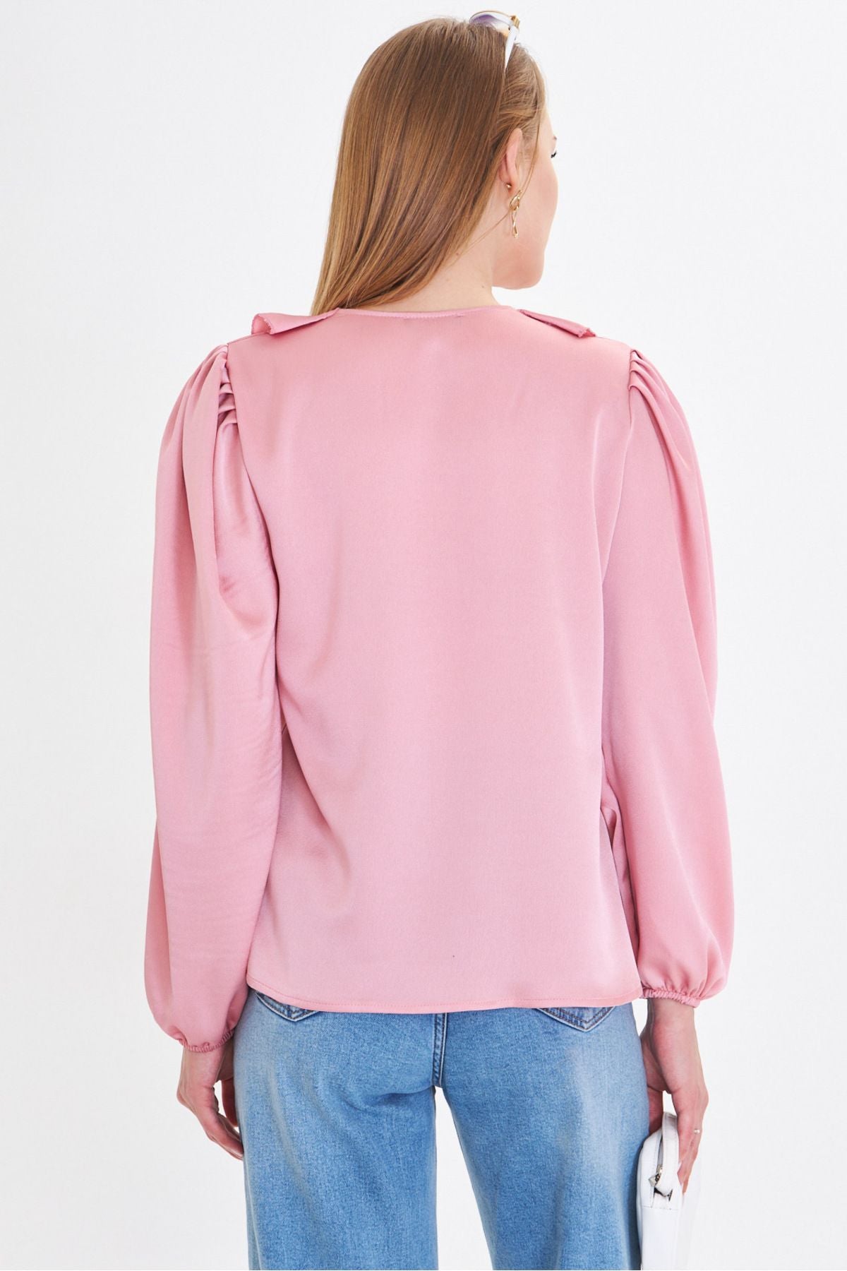Woman Light Pink collar frilled shoulder shirred arm tire cotton satin blouse ARM-22K001059