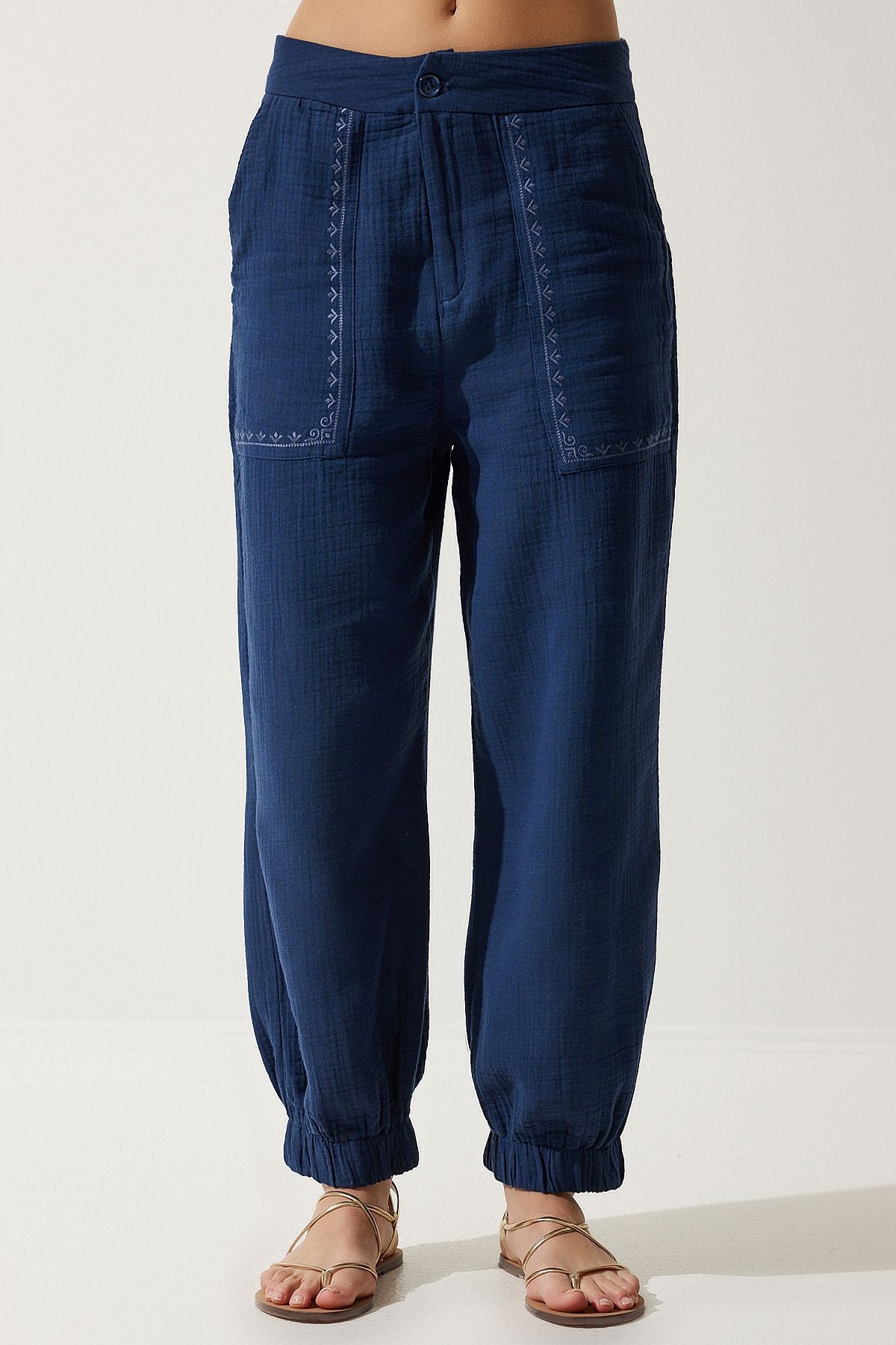Female navy blue embroidery detailed Muslin Pants SF00019