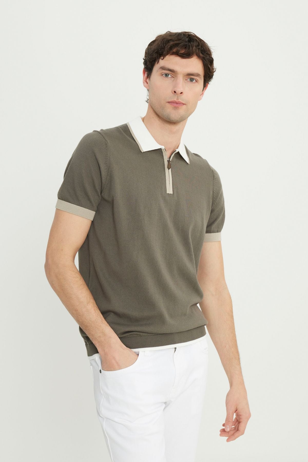 100 %Cotton Standard Fit Normal Cut Polico Khaki Triko T -shirt