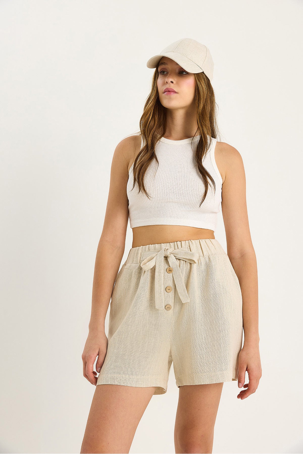 Women's Thin Striped Linen Shorts with Elastic Waist Buttons and Rope Accessories 2536 60281092