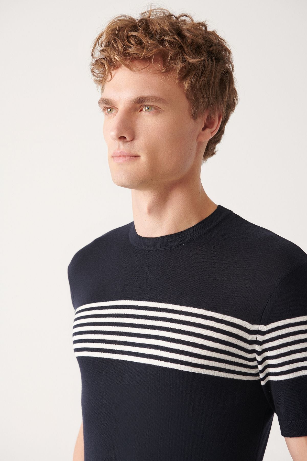 Men's navy blue bike collar breast and arm line detailed knitwear T-shirt A31y5116