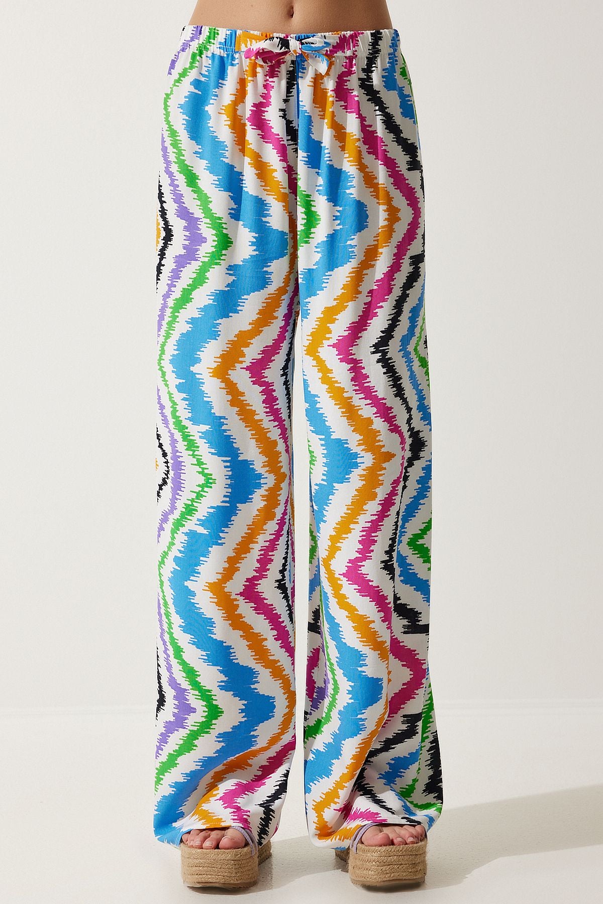 Woman White Blue Patterned Viscose Palazzo Pants EN00606