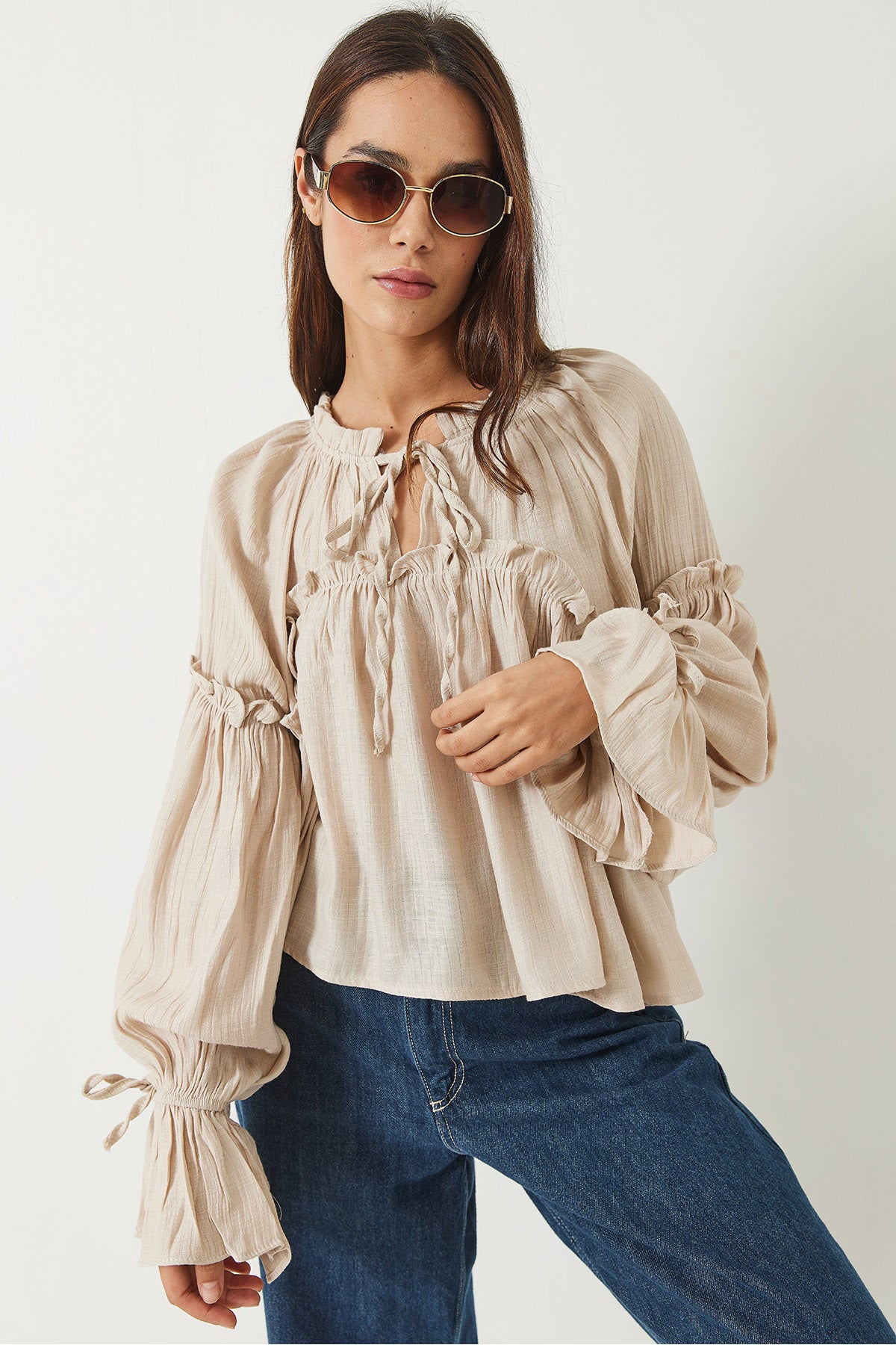 Women's Tie Detailed Balloon Sleeve Loose Seersucker Blouse 252 60282002