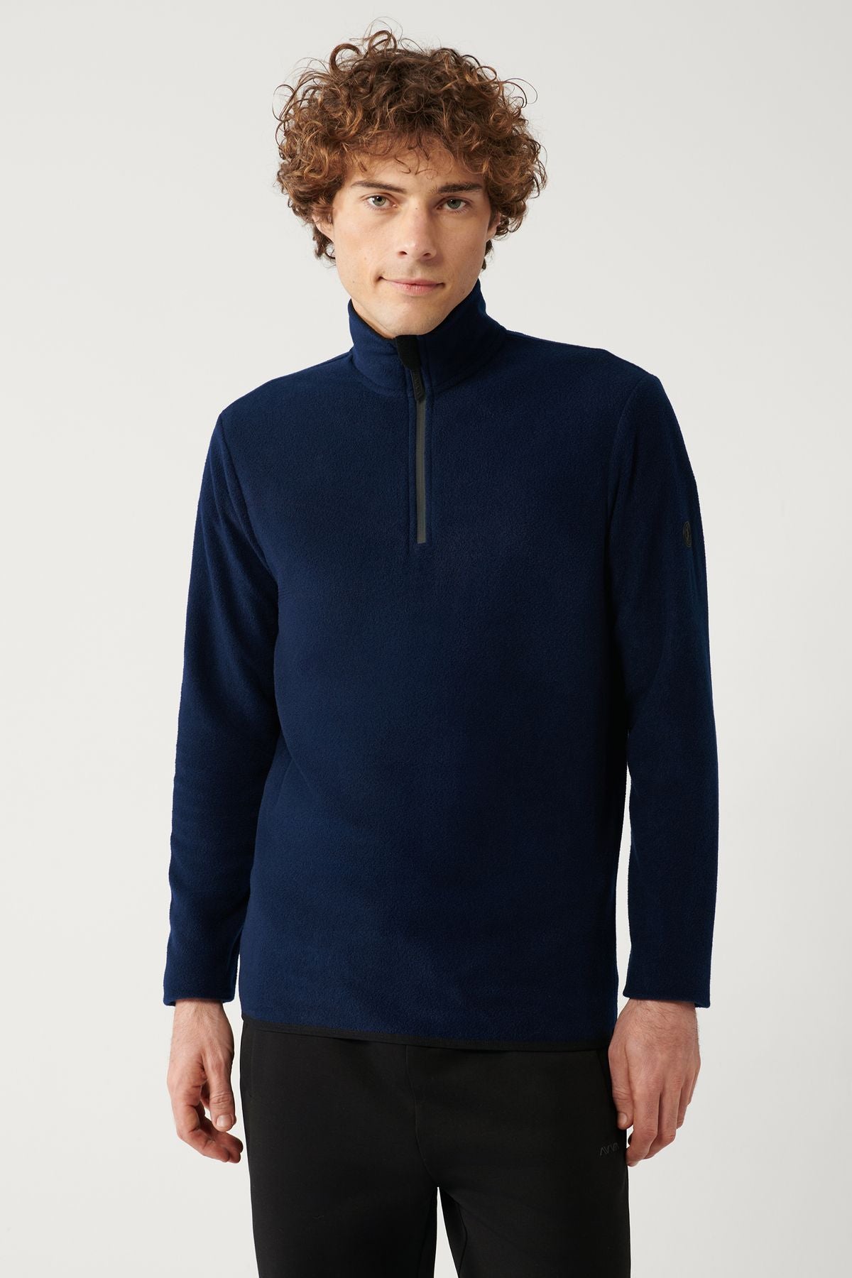 Men's navy blue cold -resistant half zippered upright collar polar sweatshirt E001068