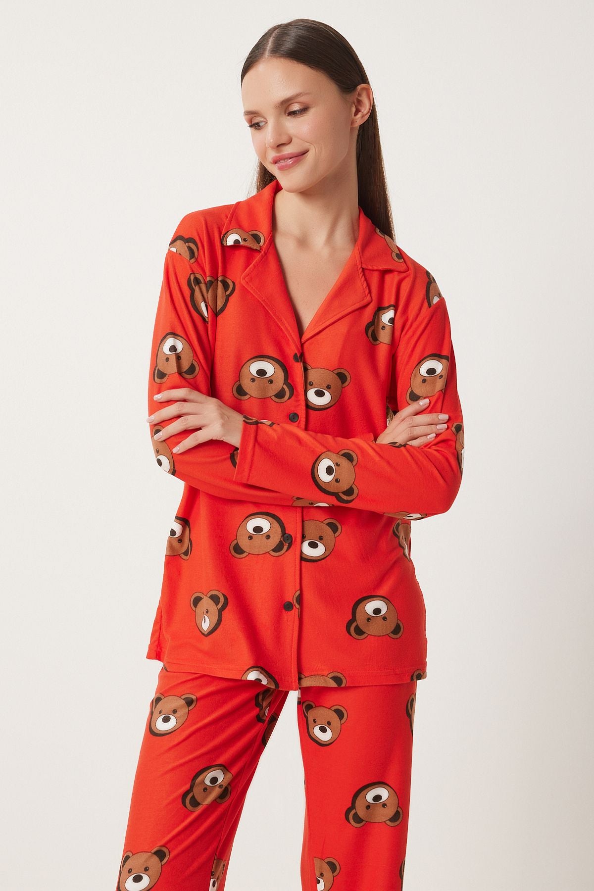 Woman Red Patterned Velvet Textured Knitting Pajama Set FP00008