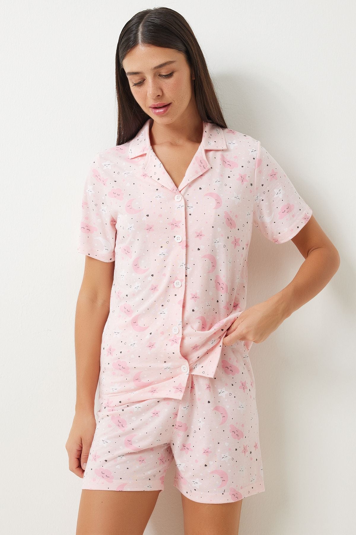 Woman Light Pink Patterned Viscose Shirt Shirt Pajama Set EC00044