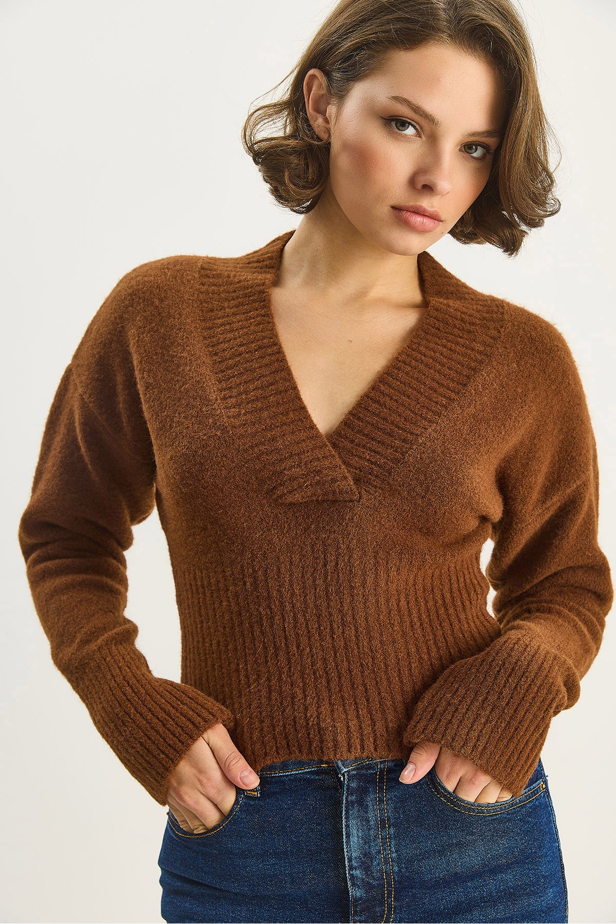 Women's V-Neck Waist Fitted Ribbed Knitwear Sweater 5080 60283586