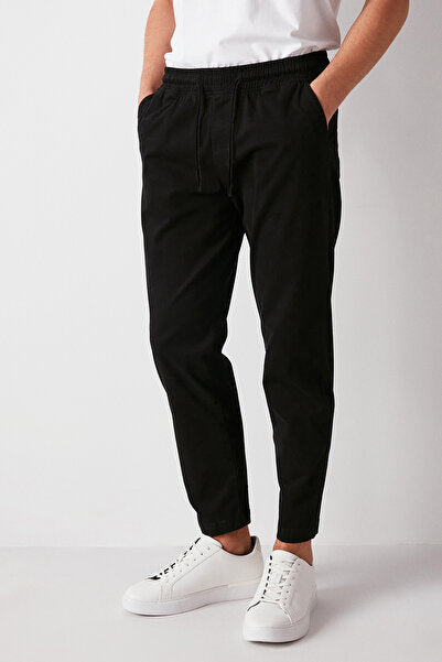 Reese Men's Comfortable Fit Elastic Waist Woven Cotton Elastane Fabric Washed Black Trousers