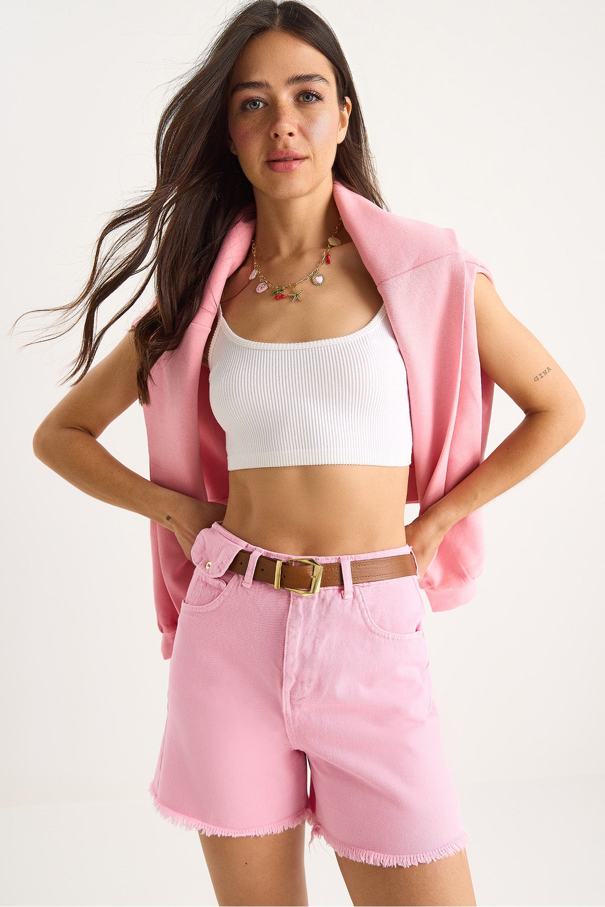 Women's Belted Canvas Gabardine Denim Shorts 40851010