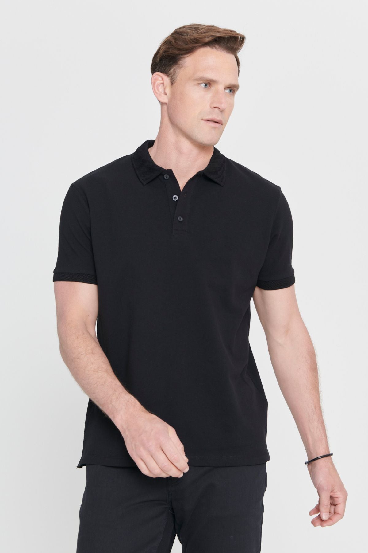 Men's black 100 %cotton curved Pike Slim Slim Fit Narrow Cut T -shirt