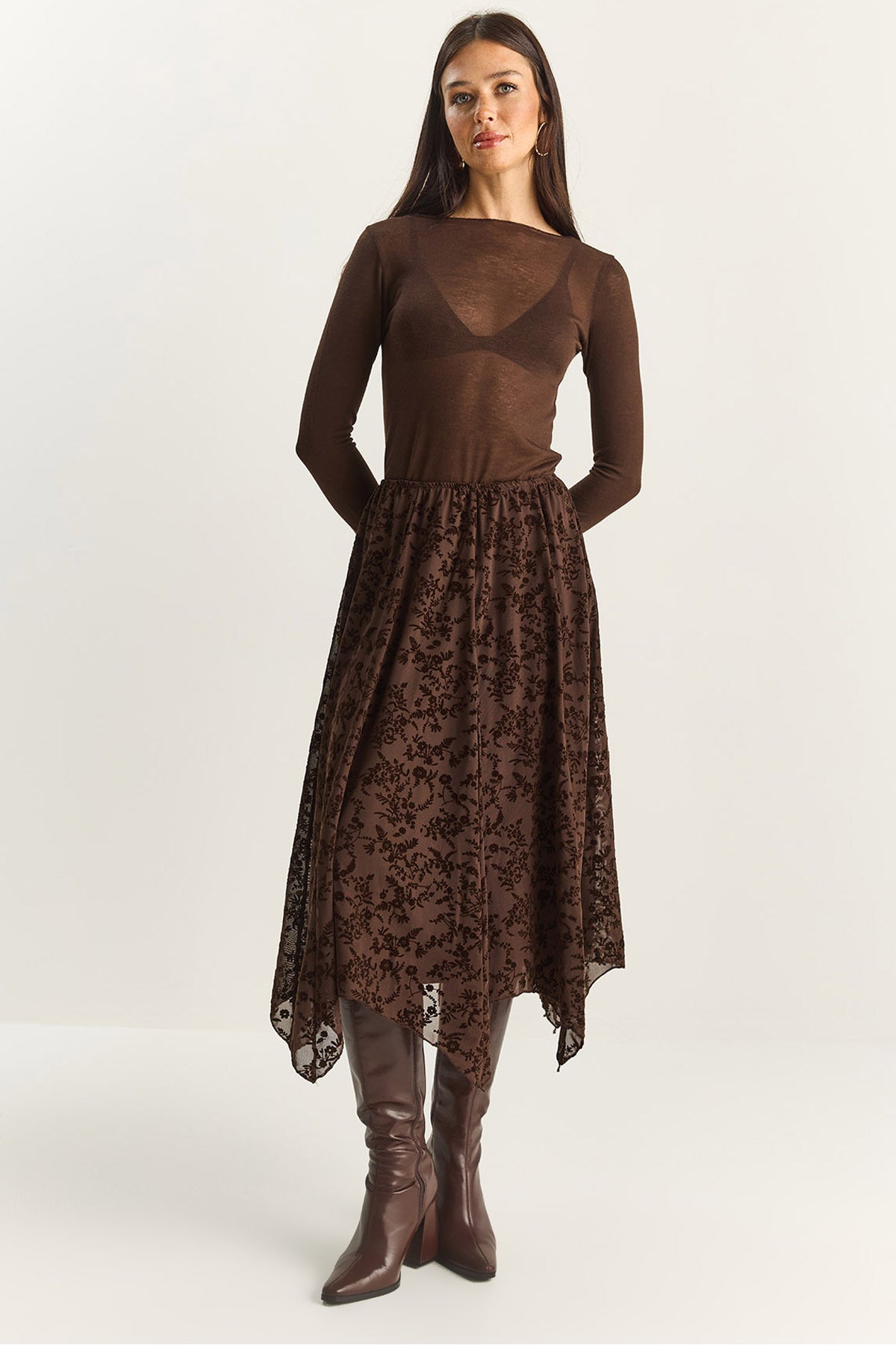 Women's Velvet Patterned Lined Asymmetrical Cut Midi Skirt with Elastic Waist DE251125 60283880